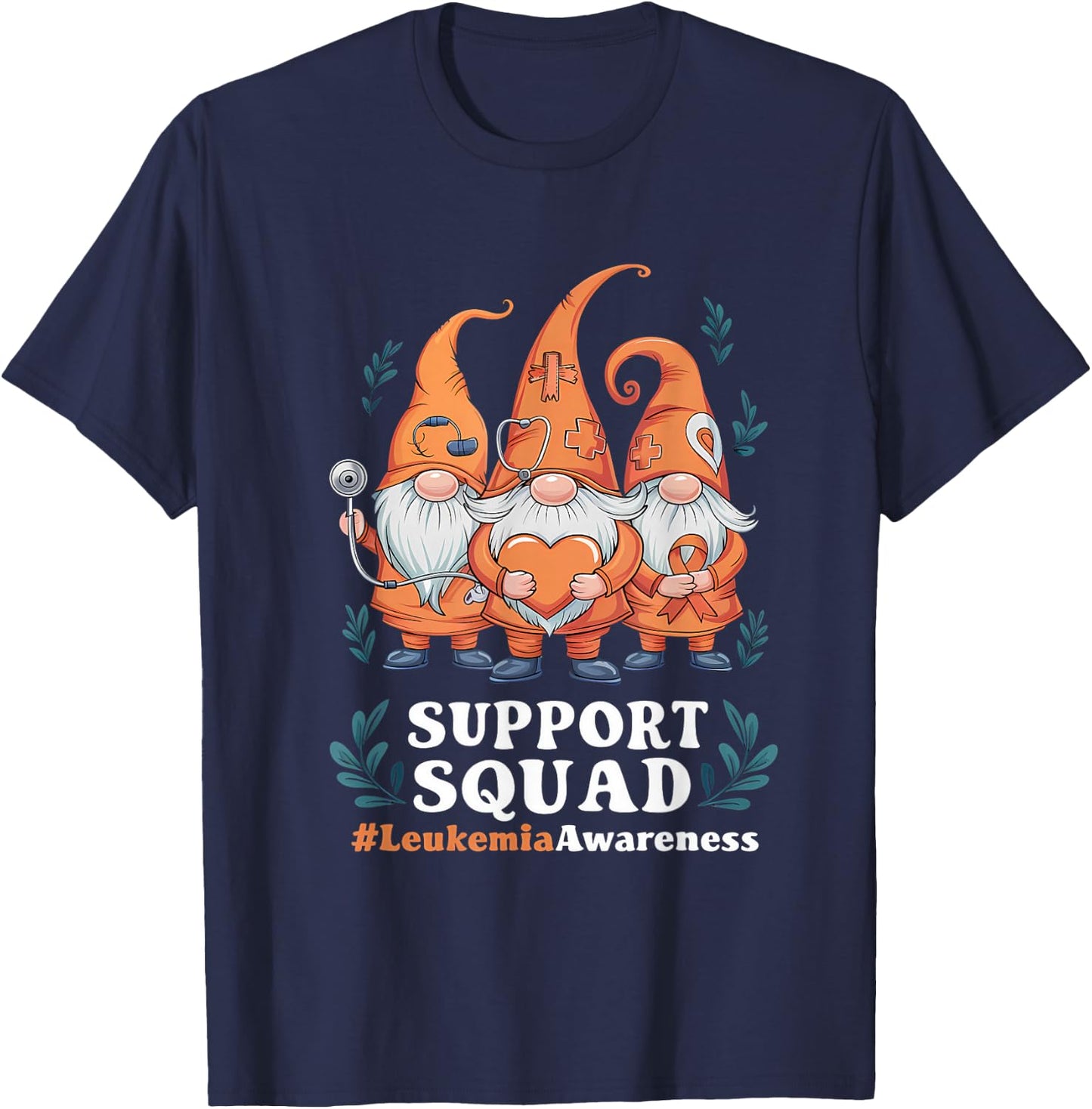 Leukemia Cancer Awareness Gnome Support Squad Orange Ribbon T-Shirt - T-Shirt | Navy