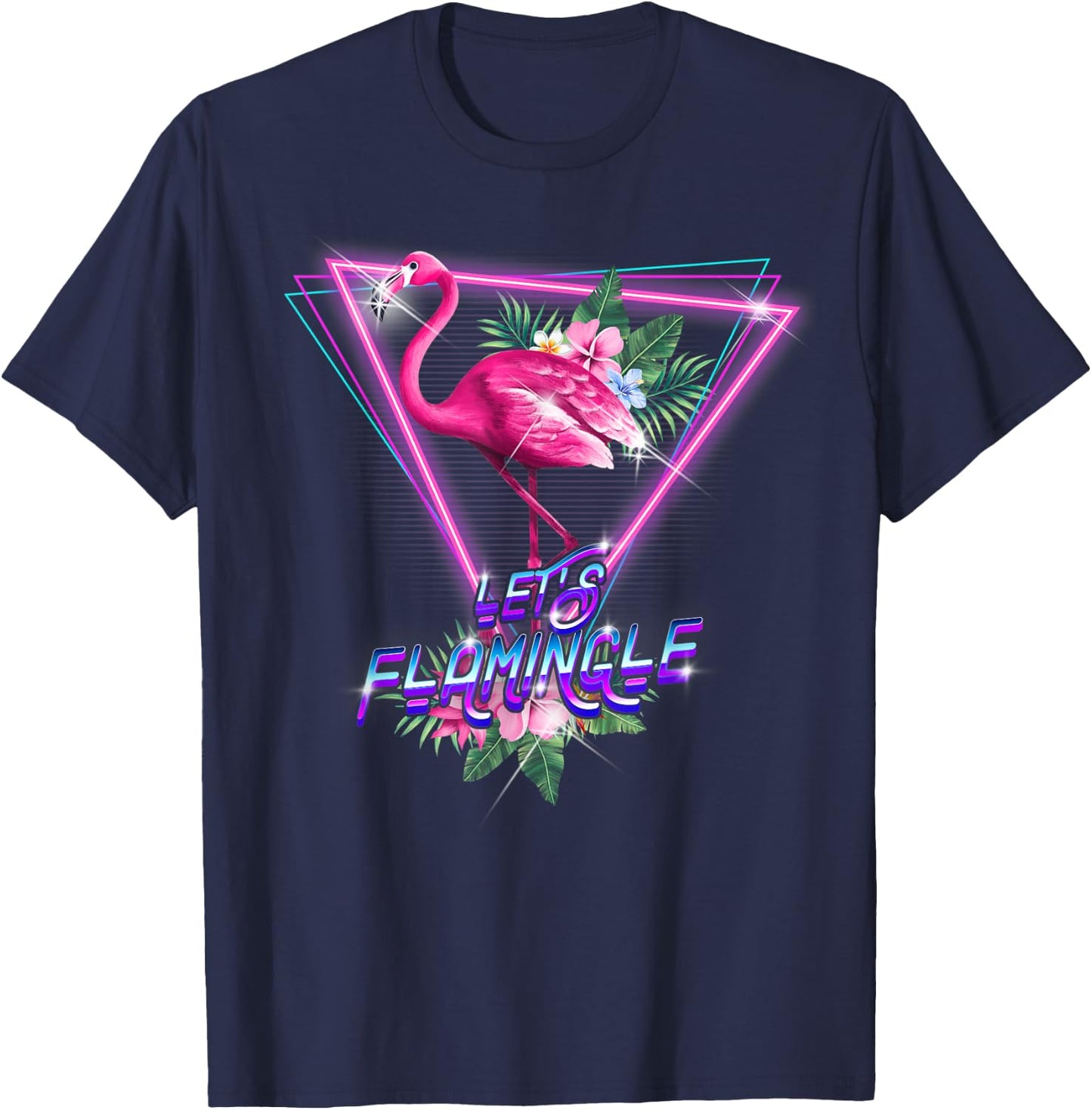 Retro 80s Botanical Tropical Leaf Flowers Let's Flamingle T-Shirt - T-Shirt | Navy