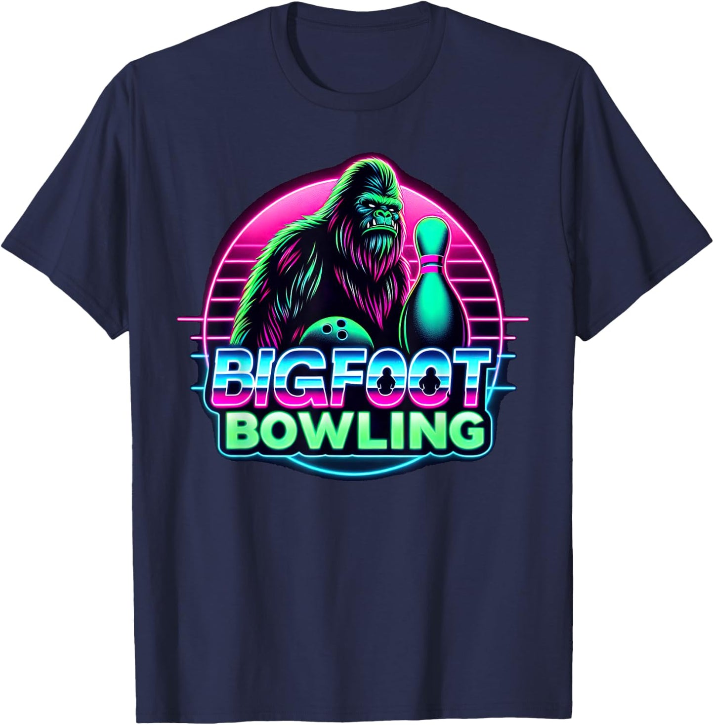 Bigfoot Bowling Funny Sasquatch Bowler Alley Pin Graphic T-Shirt - T-Shirt | Navy