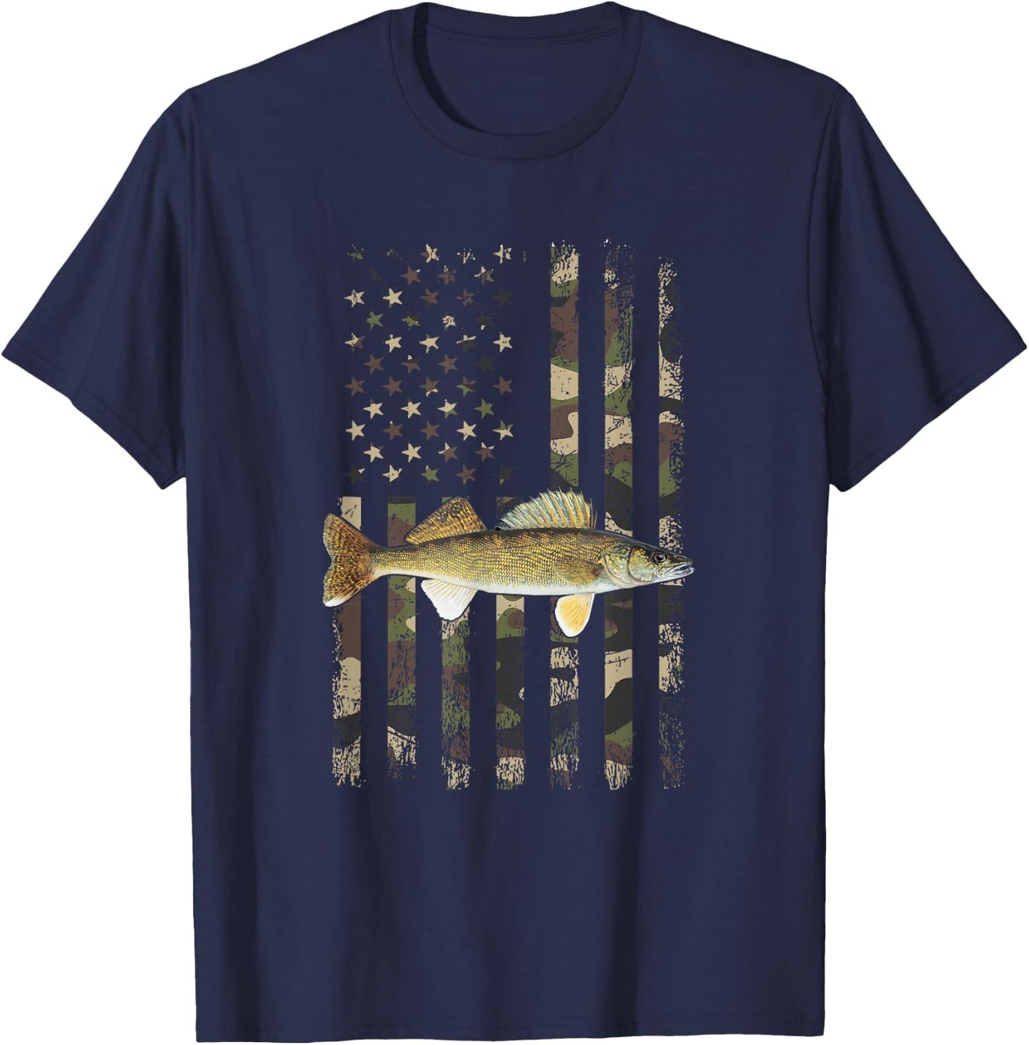 Walleye Camo American Flag, Fishing Walleye T-Shirt - T-Shirt | Navy