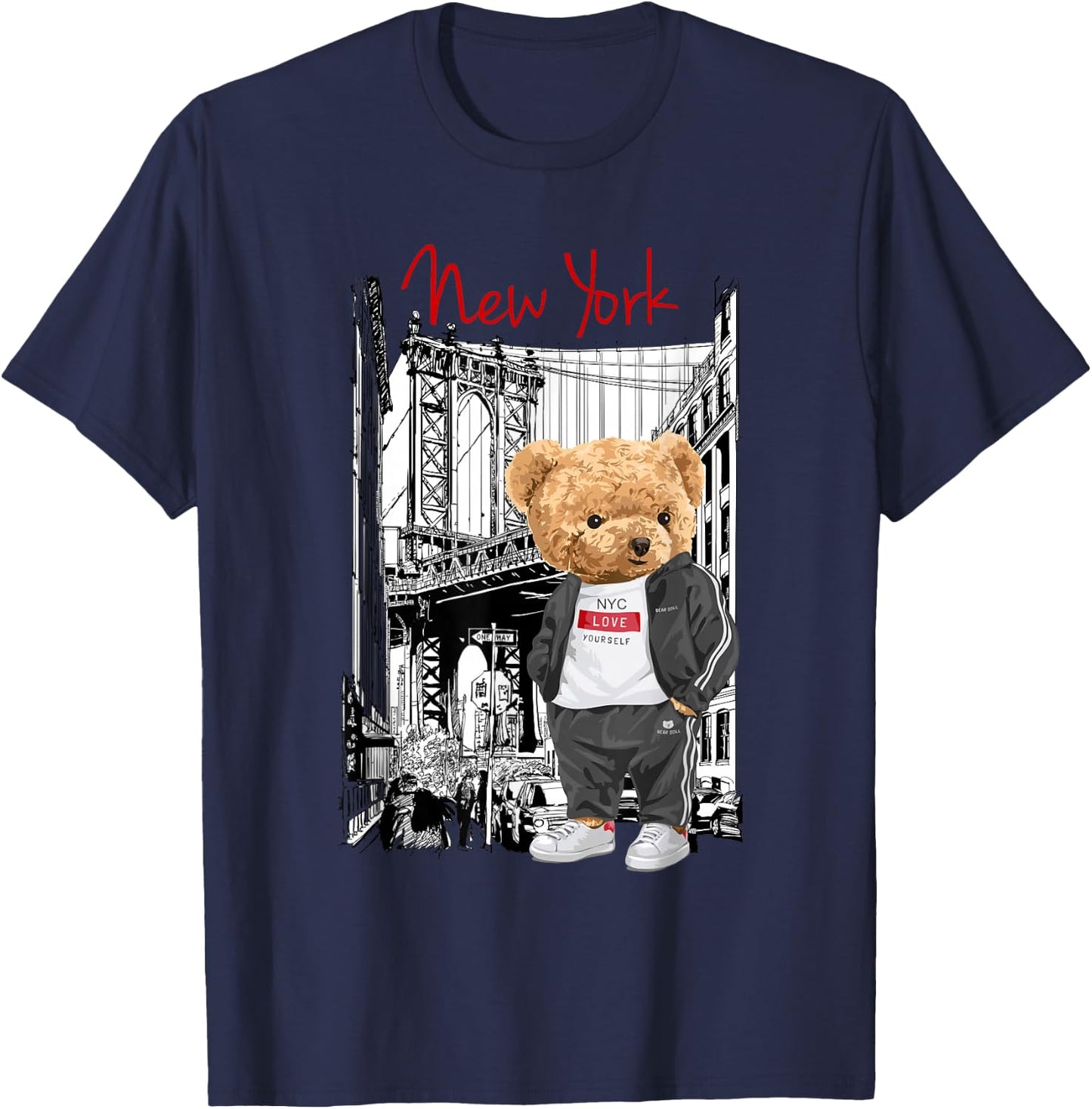 Cool New York City Teddy Bear Illustration Graphic Designs , Black, S T-Shirt - T-Shirt | Navy
