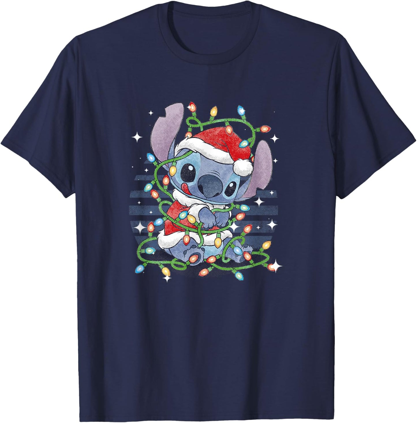 Disney Lilo & Stitch Christmas Tangled Lights Portrait T-Shirt - T-Shirt | Navy