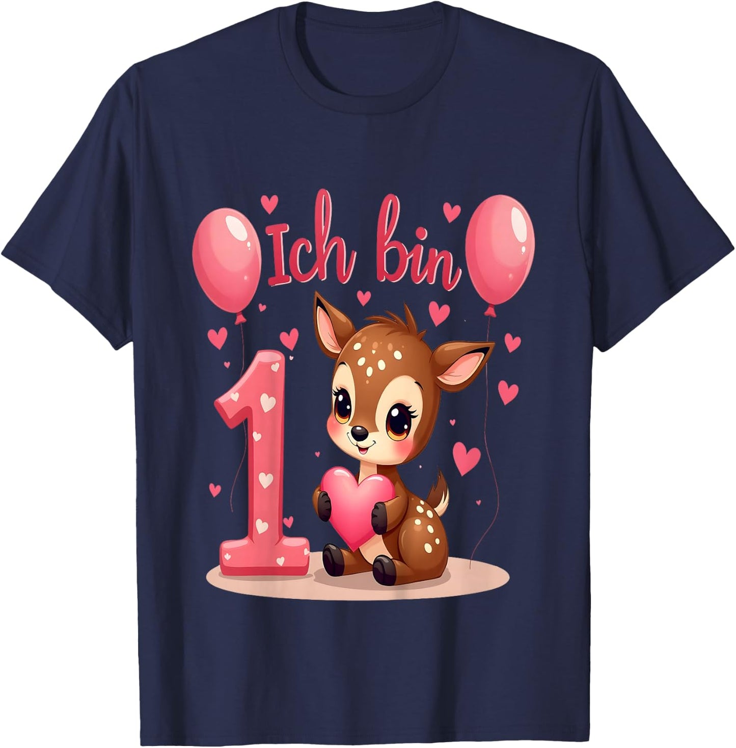 Children's Cute Deer I Am 1 Children's Birthday 1st Birthday Girl , black T-Shirt - T-Shirt | Navy