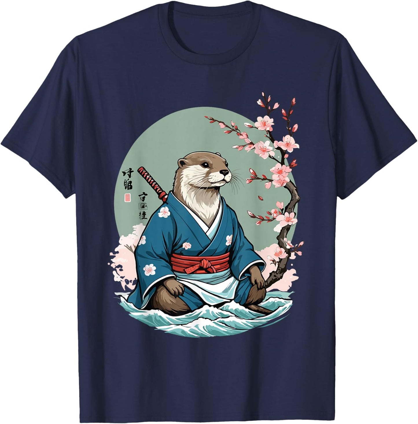 Aesthetic Otter Samurai in Water Funny Vintage Japan T-Shirt - T-Shirt | Navy