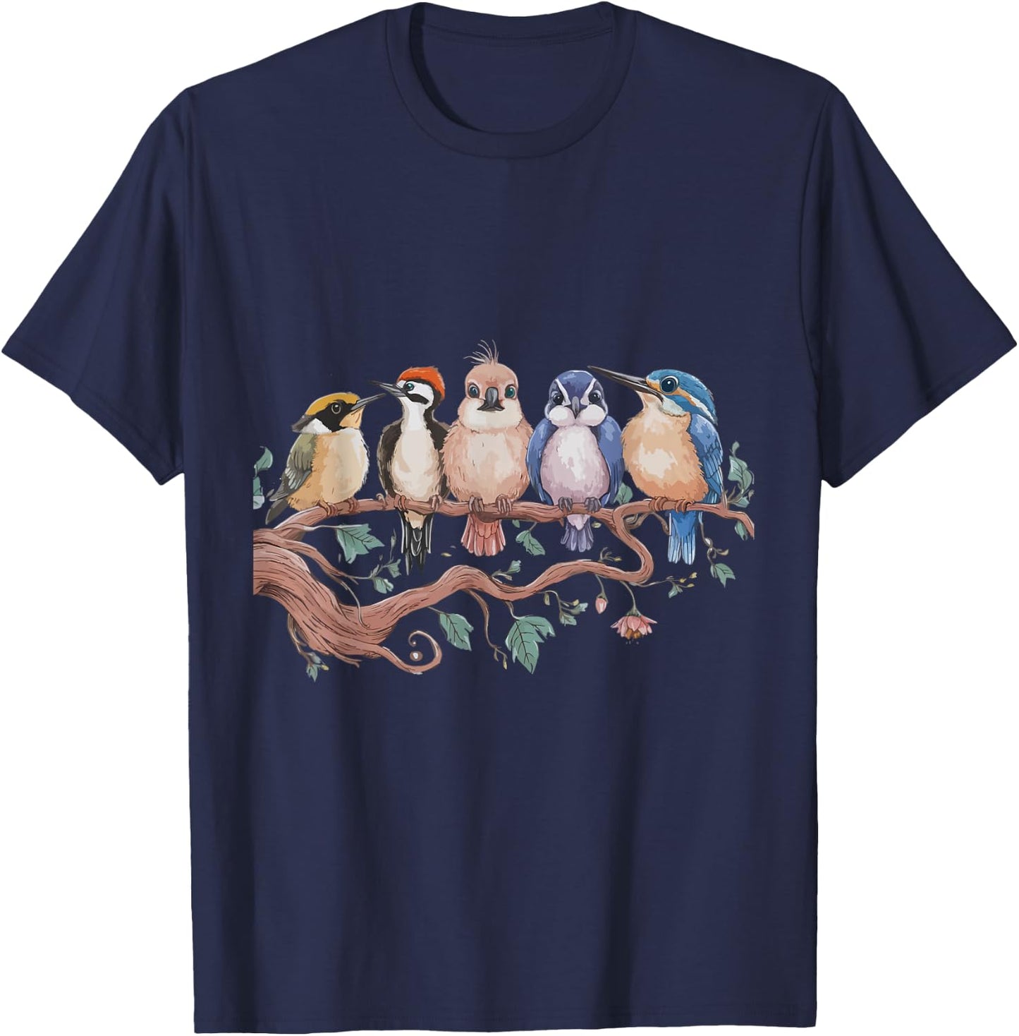 Whimsical Birdwatcher's Dream Perched Friends Cute Birds T-Shirt - T-Shirt | Navy