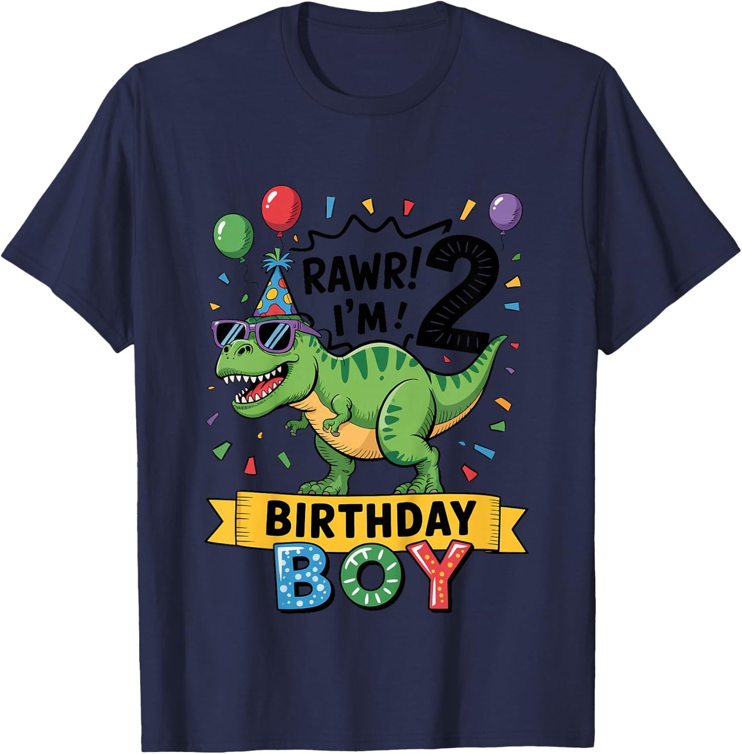 Kids 2nd Birthday Boy Dinosaur T-Rex Rawr I'm Two Years Old T-Shirt - T-Shirt | Navy