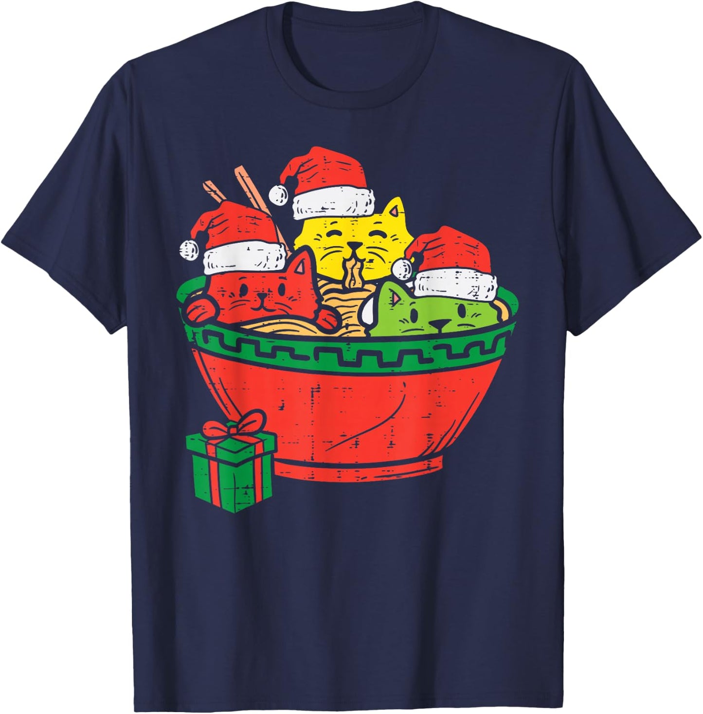 Santa Ramen Cats Anime Christmas Xmas Japanese Kids Girls T-Shirt - T-Shirt | Navy