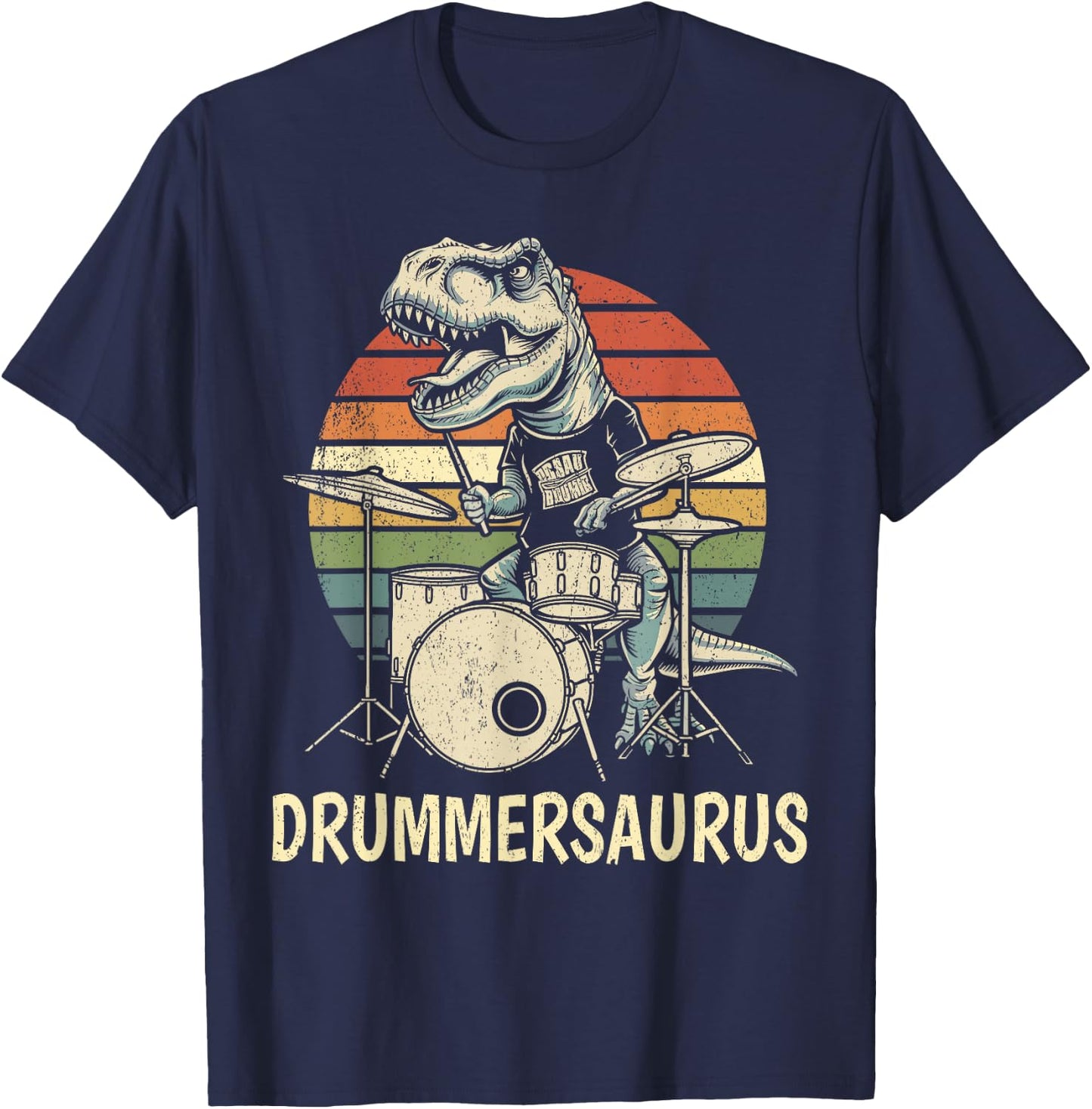 Drummersaurus T Rex Drummer Dinosaur Playing Drums Boys Kids T-Shirt - T-Shirt | Navy
