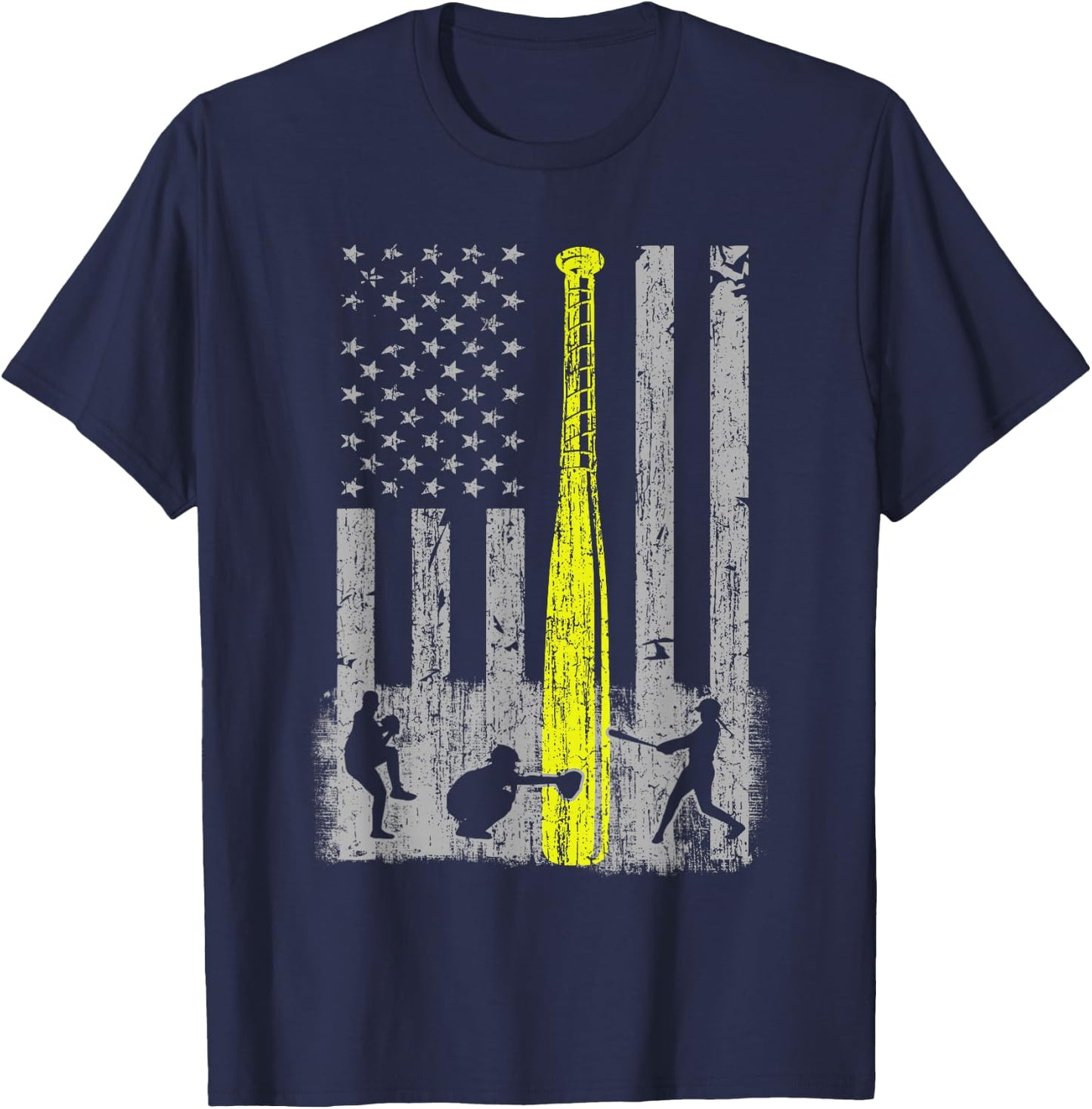 Vintage Softball American Flag Patriotic Sports 4th of July T-Shirt - T-Shirt | Navy