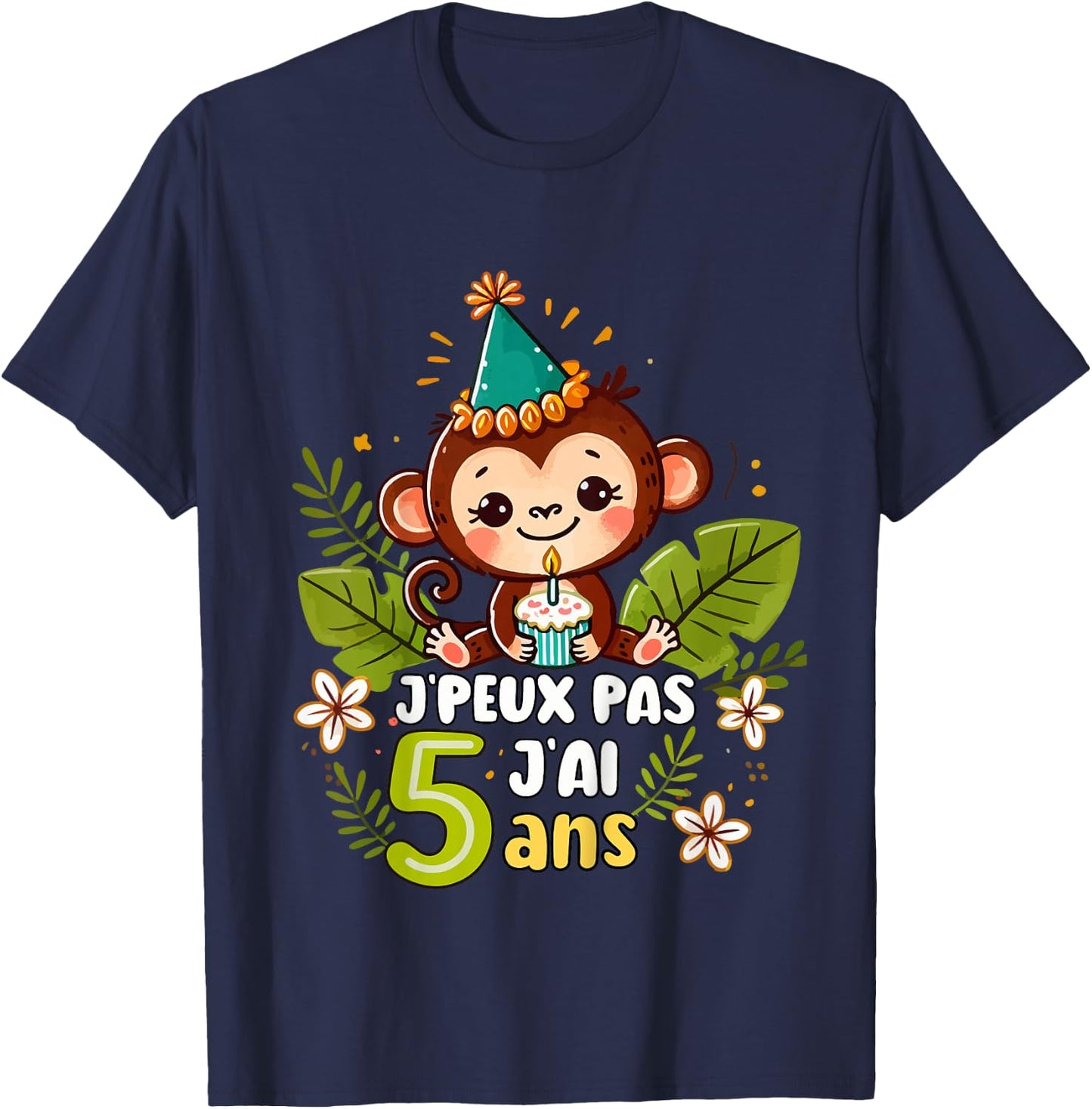Child Je Peux Pas J'ai 5 Years Birthday Jungle Monkey Boy Green , Blue, 2 T-Shirt - T-Shirt | Navy
