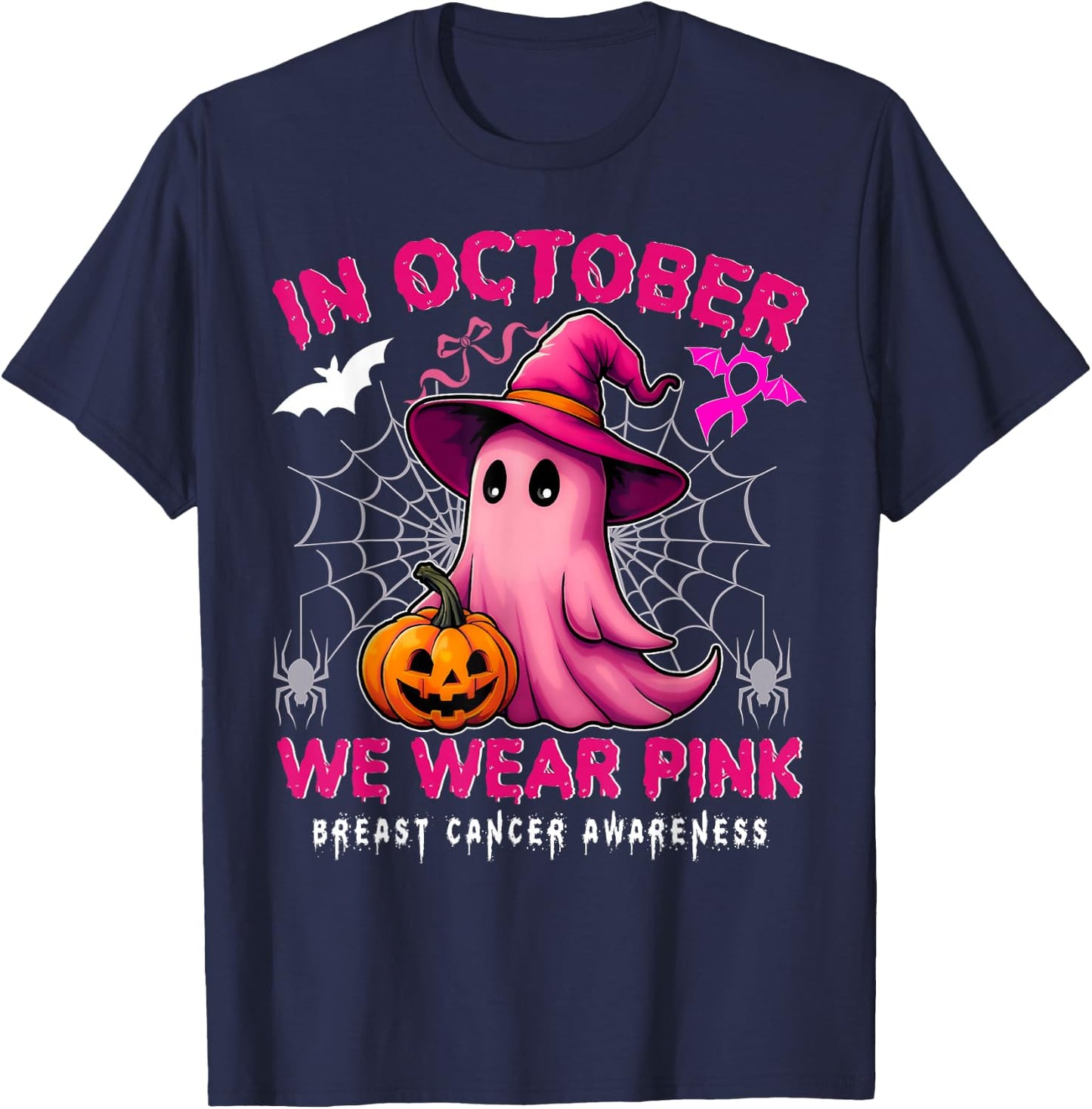 In October We Wear Pink Breast Cancer Awareness Halloween T-Shirt - T-Shirt | Navy