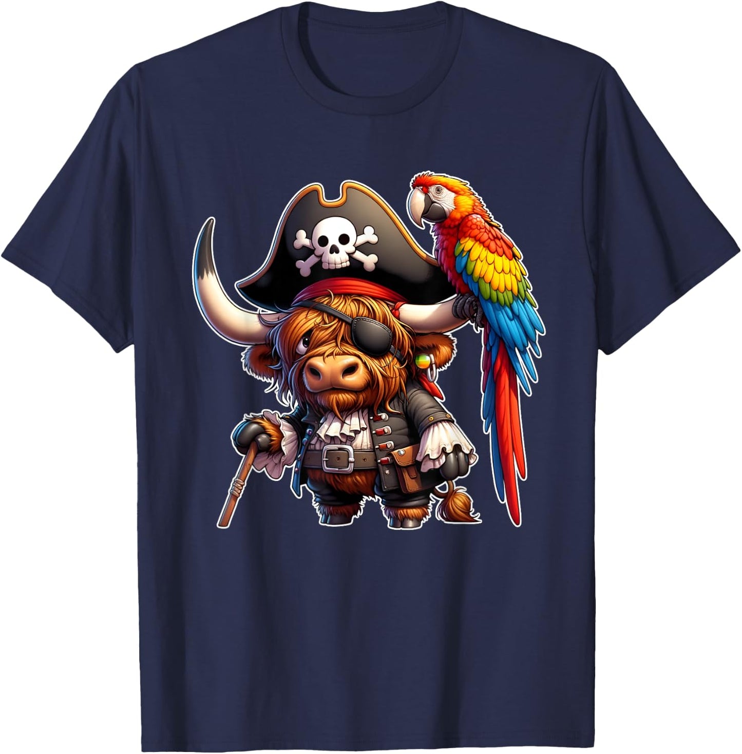 Pirate Highland Cow with Colorful Parrot T-Shirt - T-Shirt | Navy