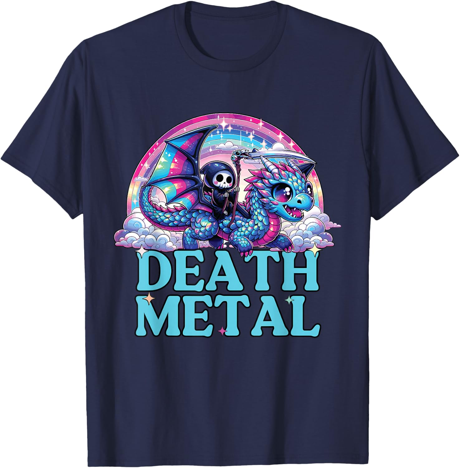 Death Metal Rainbow, Reaper with Dragon Funny Death Metal T-Shirt - T-Shirt | Navy