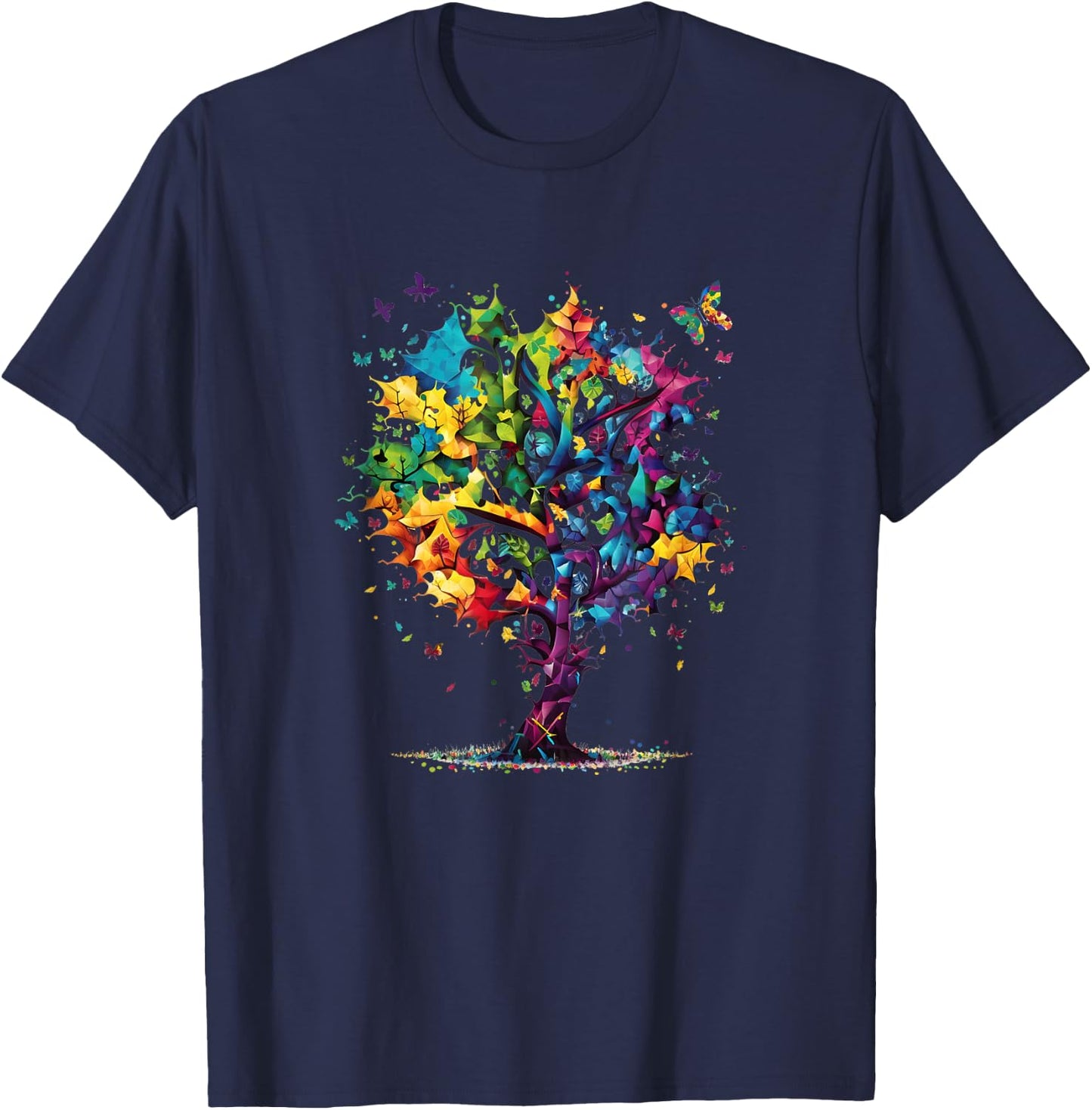 Awareness Autism Puzzle Pieces Colorful Tree Neurodiversity T-Shirt - T-Shirt | Navy