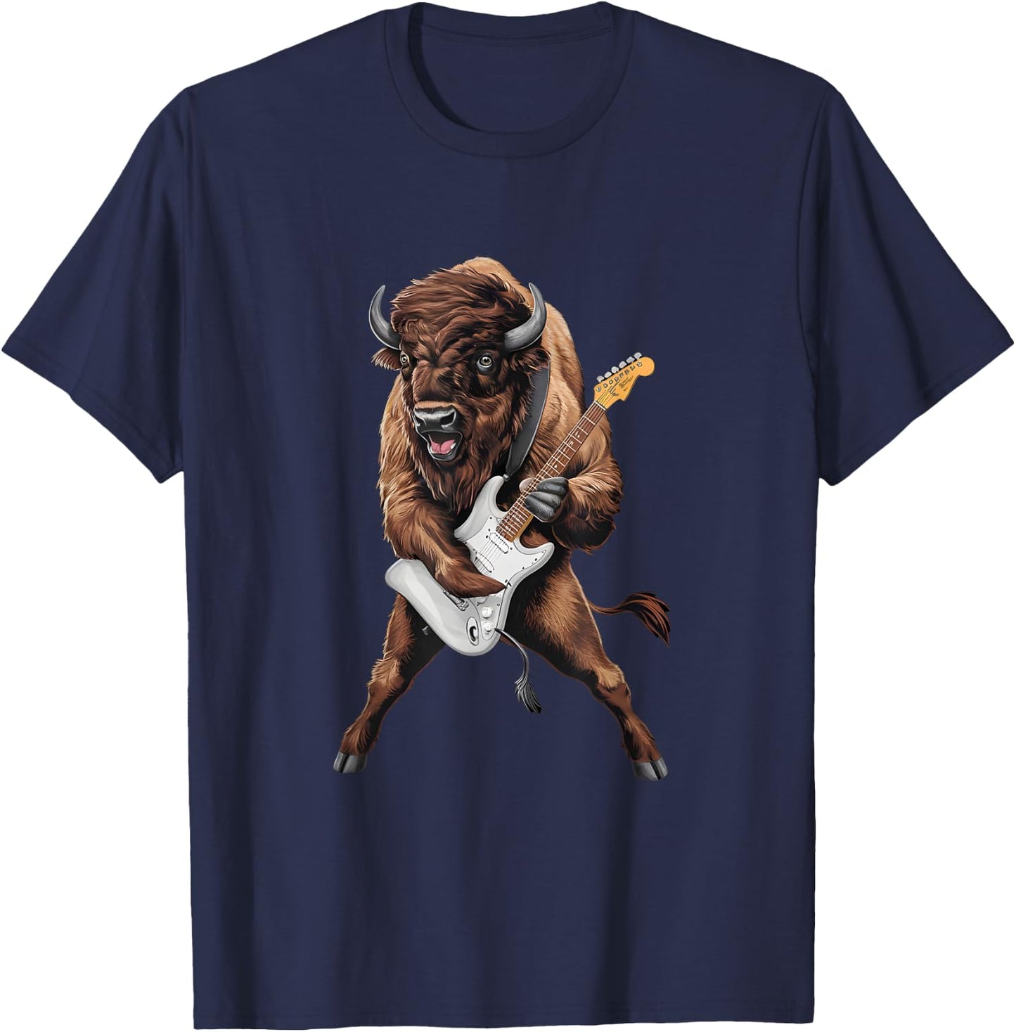 Buffalo Playing Electric Guitar Funny American Bison Lover T-Shirt - T-Shirt | Navy