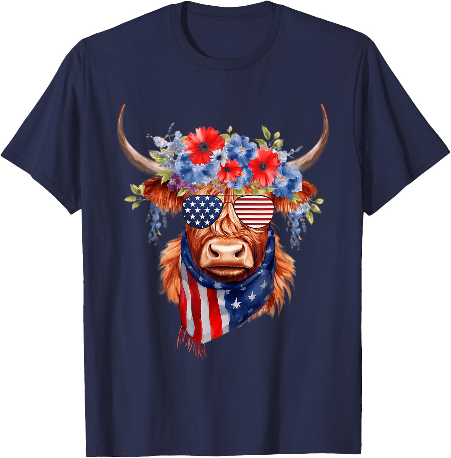 4th Of July Highland Cow Heifer American Sunglasses Bandana T-Shirt - T-Shirt | Navy