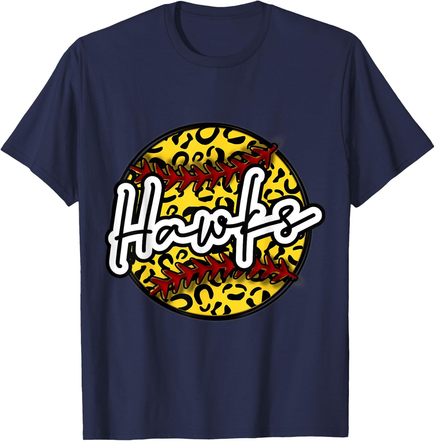 HAWKS Leopard Cheetah Softball Team Trendy Cute Womans Top T-Shirt - T-Shirt | Navy