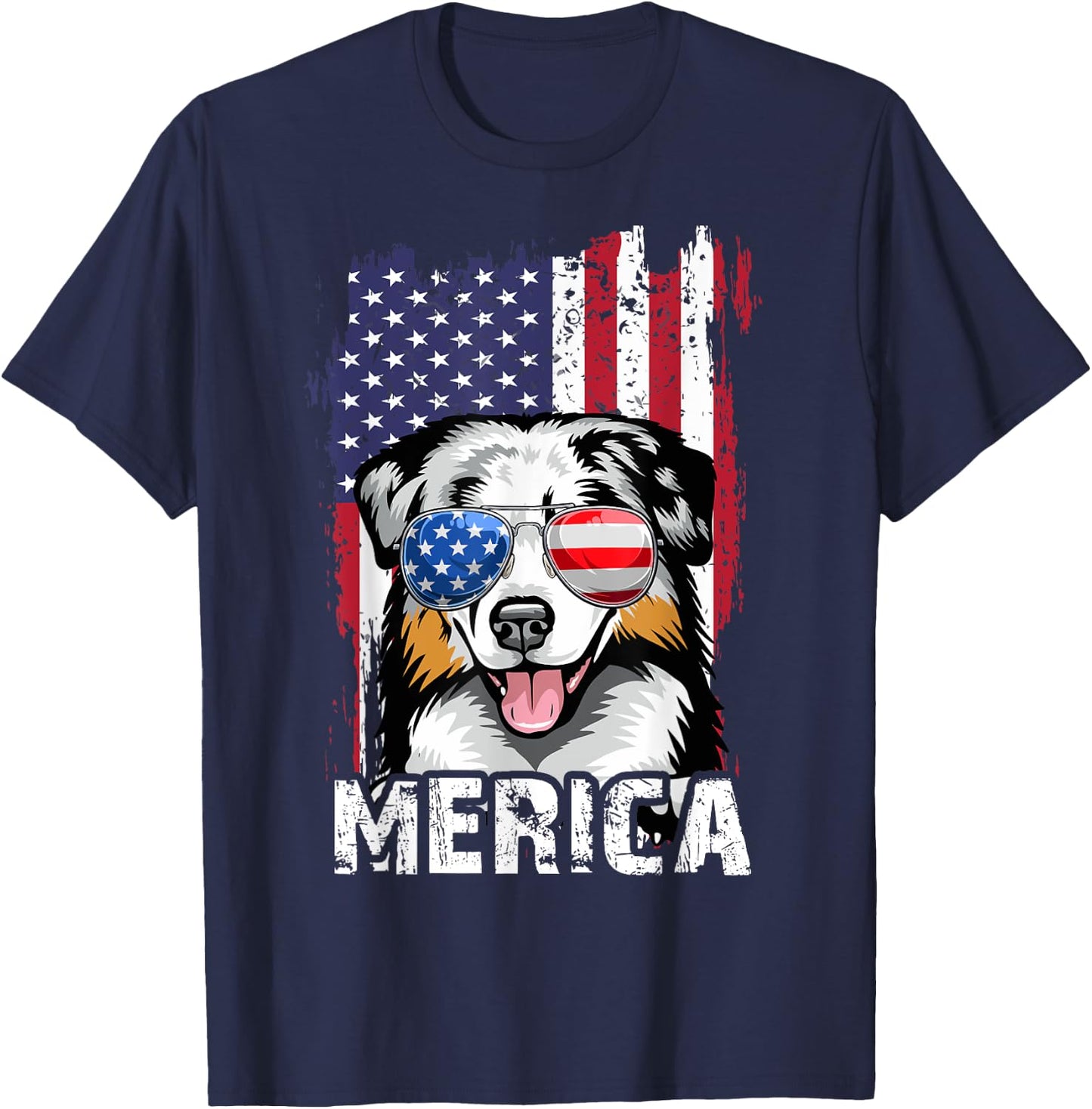 Merica Australian Shepherd 4th of July USA Flag Aussie Dog Kids Men T-Shirt - T-Shirt | Navy
