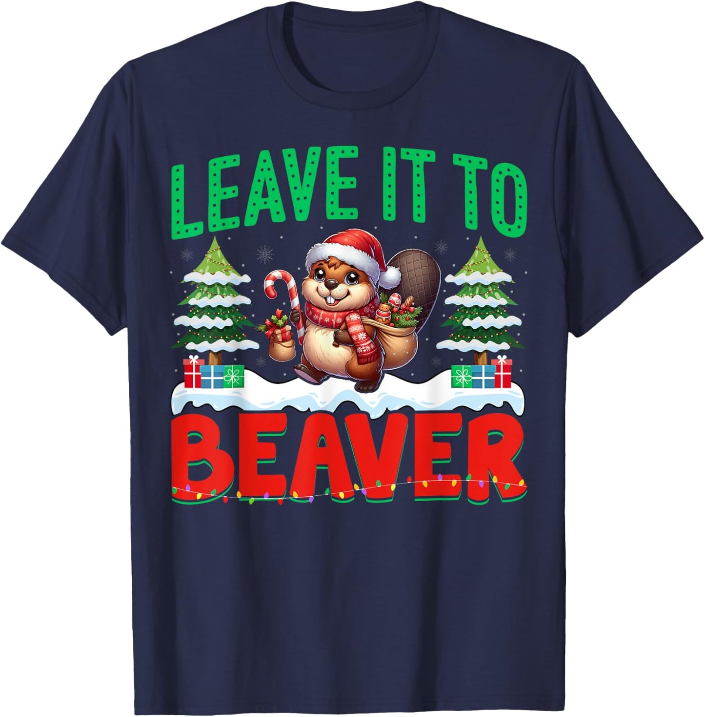 Beaver Santa Hat Xmas Lights - Leave It To Beaver Christmas T-Shirt - T-Shirt | Navy