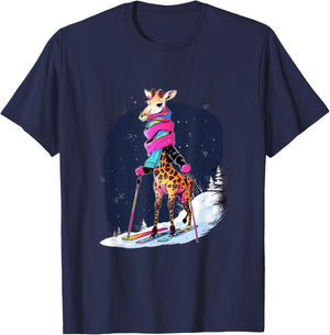 Giraffe Skiing Skier Ski Winter Snow T-Shirt - T-Shirt | Navy
