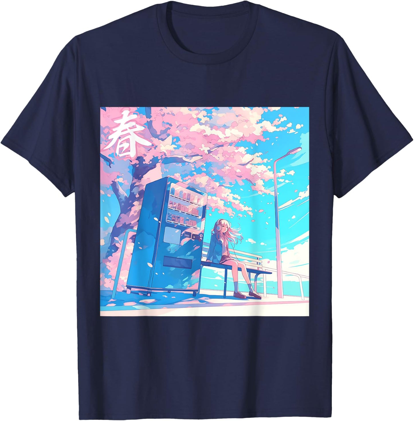 Spring Girl Under Cherry Blossom Tree Otaku Lofi Aesthetic T-Shirt - T-Shirt | Navy