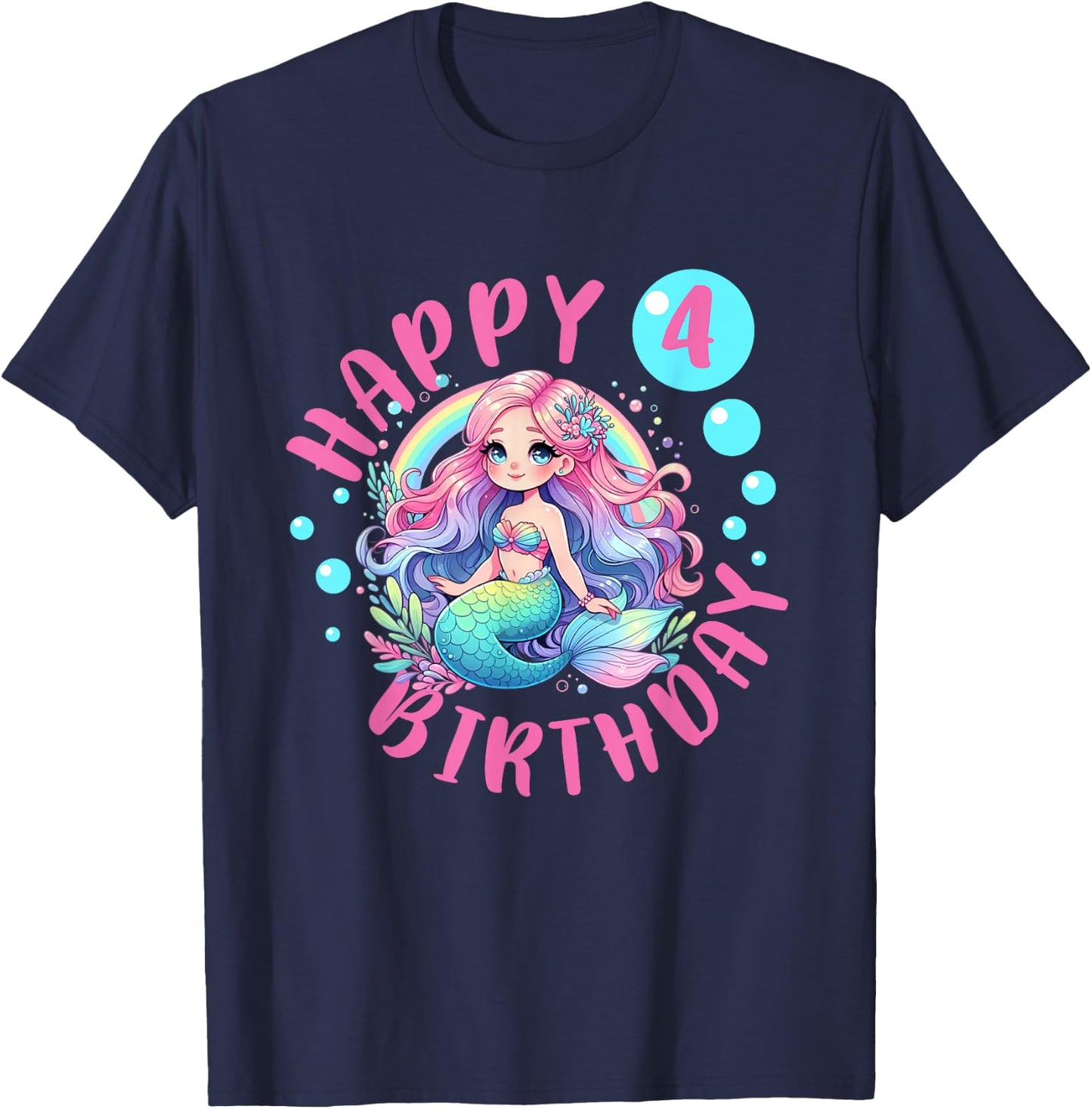 Happy Mermaid 4th Birthday Girl 4 Year Old Bday Mermaid T-Shirt - T-Shirt | Navy