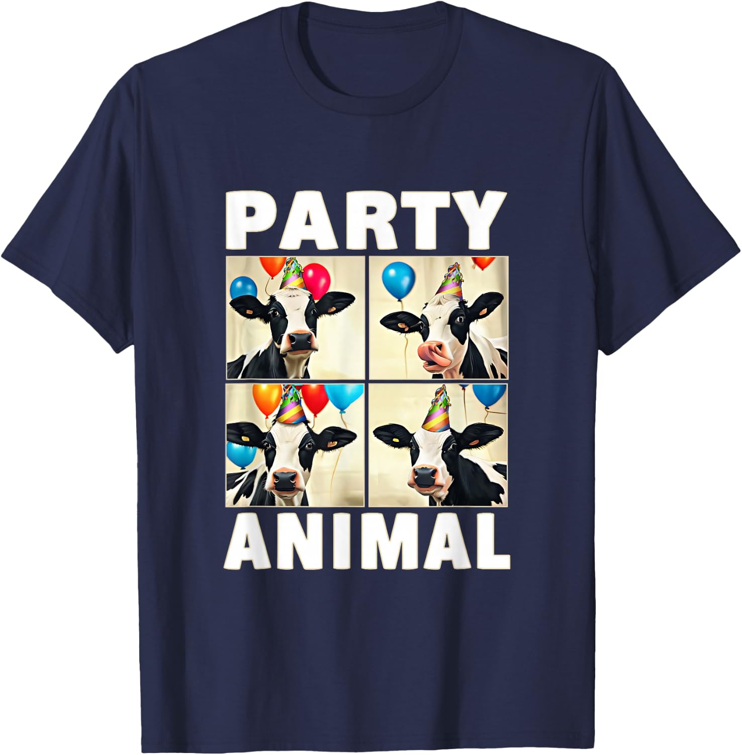 Cow Face Colorful Balloons Farm Animal Party Hat Photobooth T-Shirt - T-Shirt | Navy