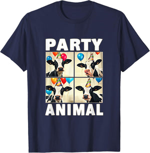 Cow Face Colorful Balloons Farm Animal Party Hat Photobooth T-Shirt - T-Shirt | Navy