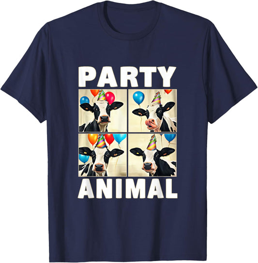 Cow Face Colorful Balloons Farm Animal Party Hat Photobooth T-Shirt - T-Shirt | Navy
