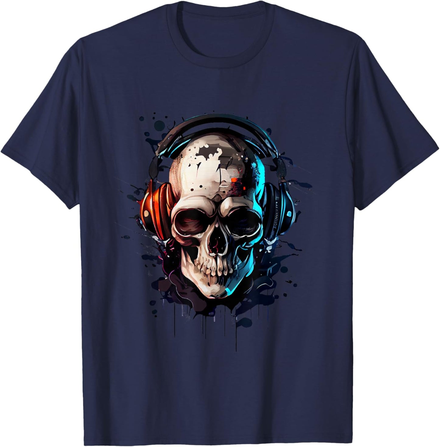 Skull DJ with Headphones for Musicians and Music Fans , black T-Shirt - T-Shirt | Navy
