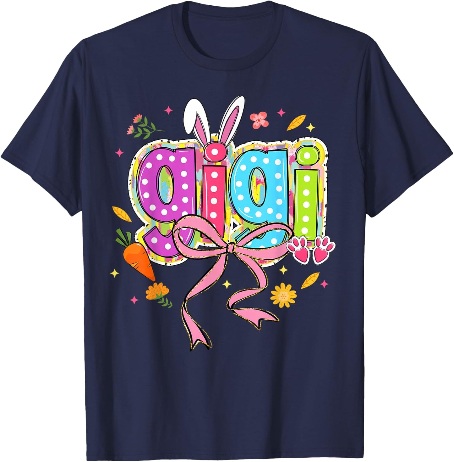 Coquette Bow Grandma Bunny Gigi Easter Boho Florals Family T-Shirt - T-Shirt | Navy