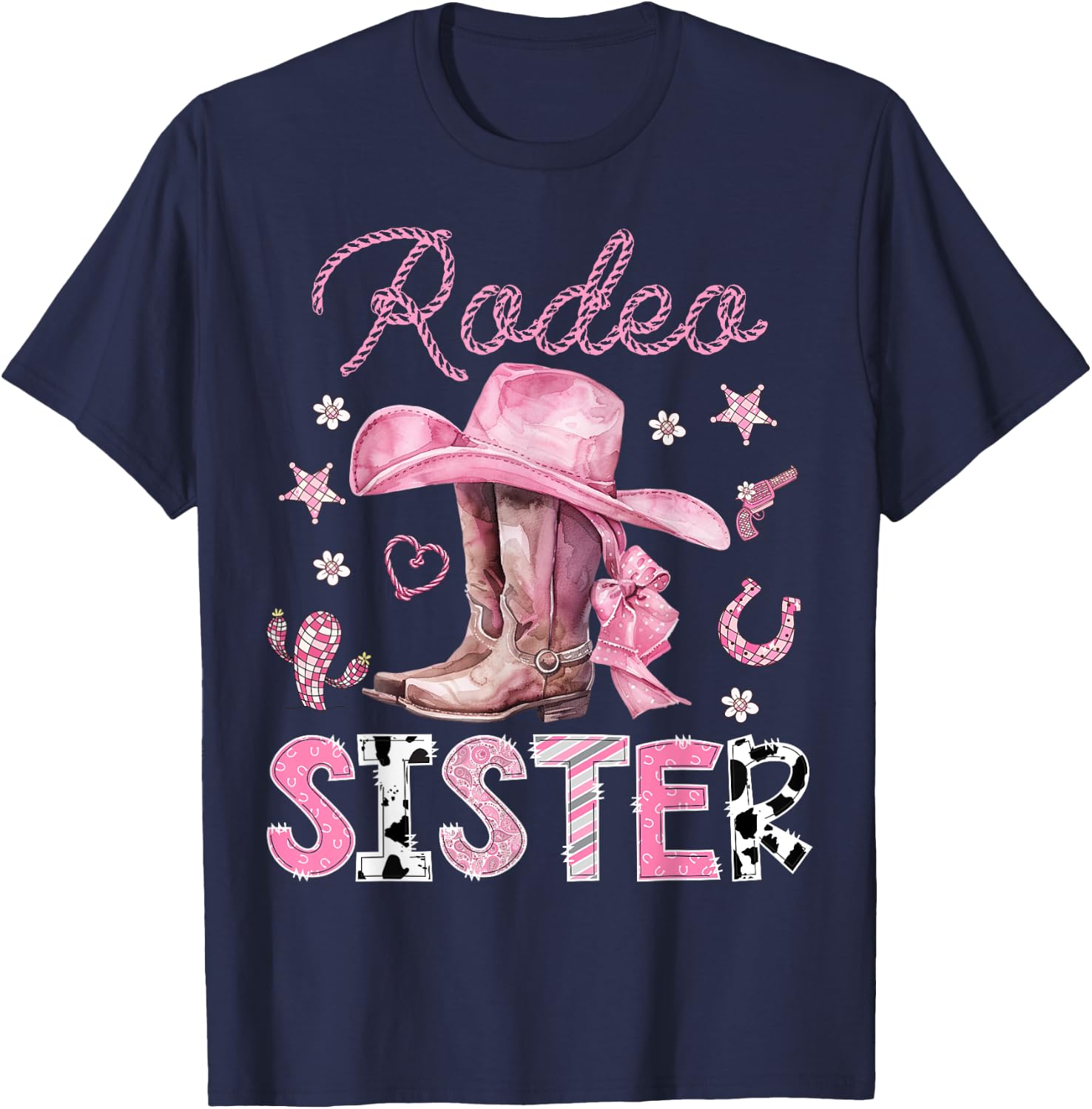 Rodeo Sister Pink Boots Coquette CowGirl 1St Birthday T-Shirt - T-Shirt | Navy