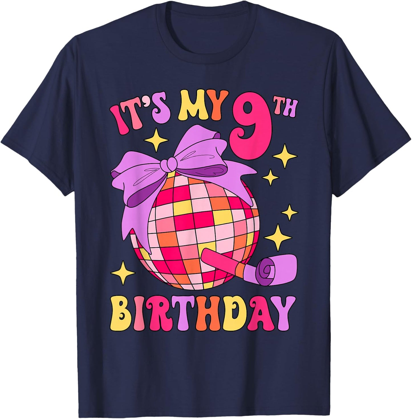It's My 9th Birthday Disco Bow Party 9 Years Old Kids Girls T-Shirt - T-Shirt | Navy