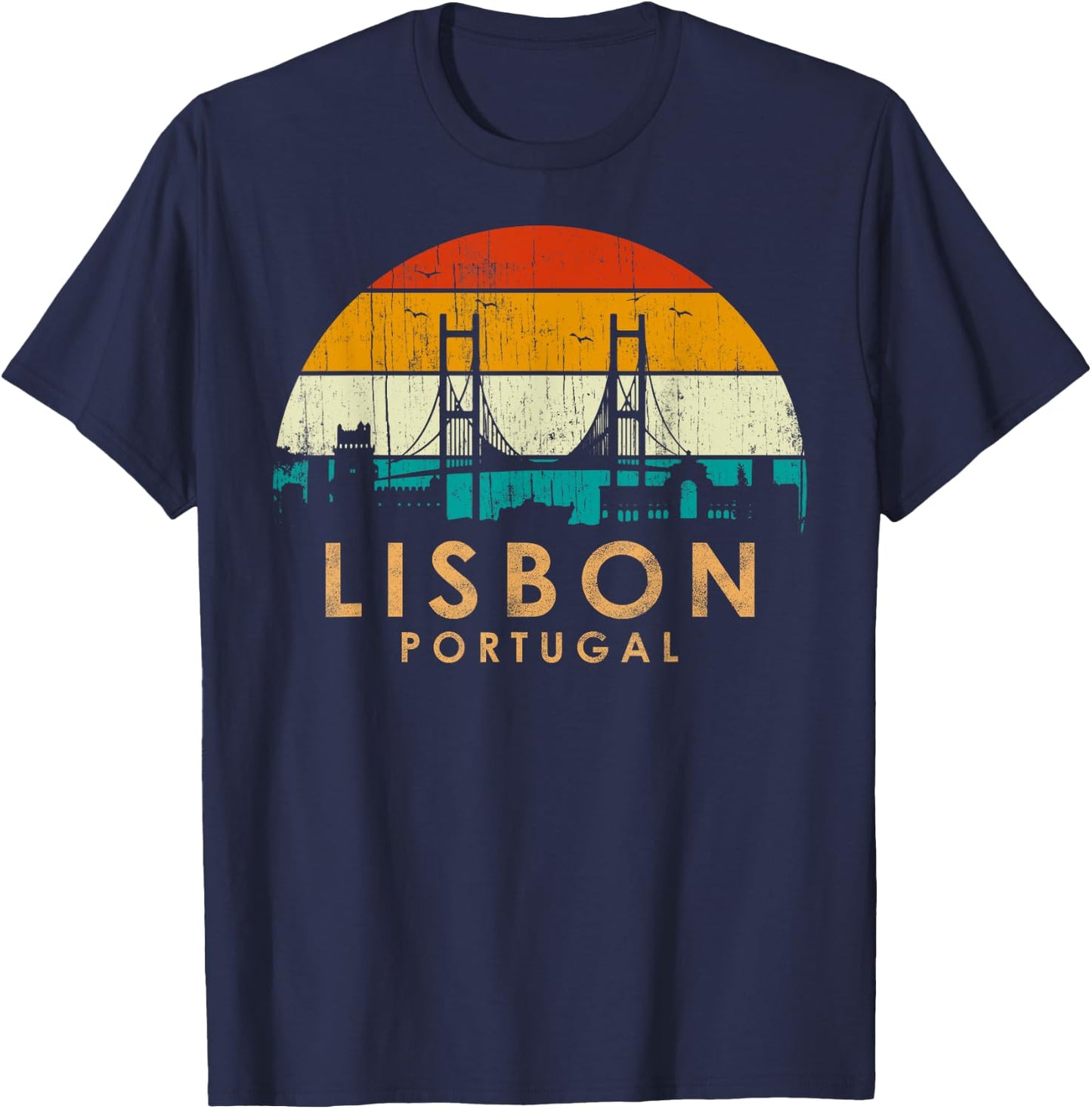 Vintage Retro Style Landscape Sunset Capital Lisbon Portugal T-Shirt - T-Shirt | Navy