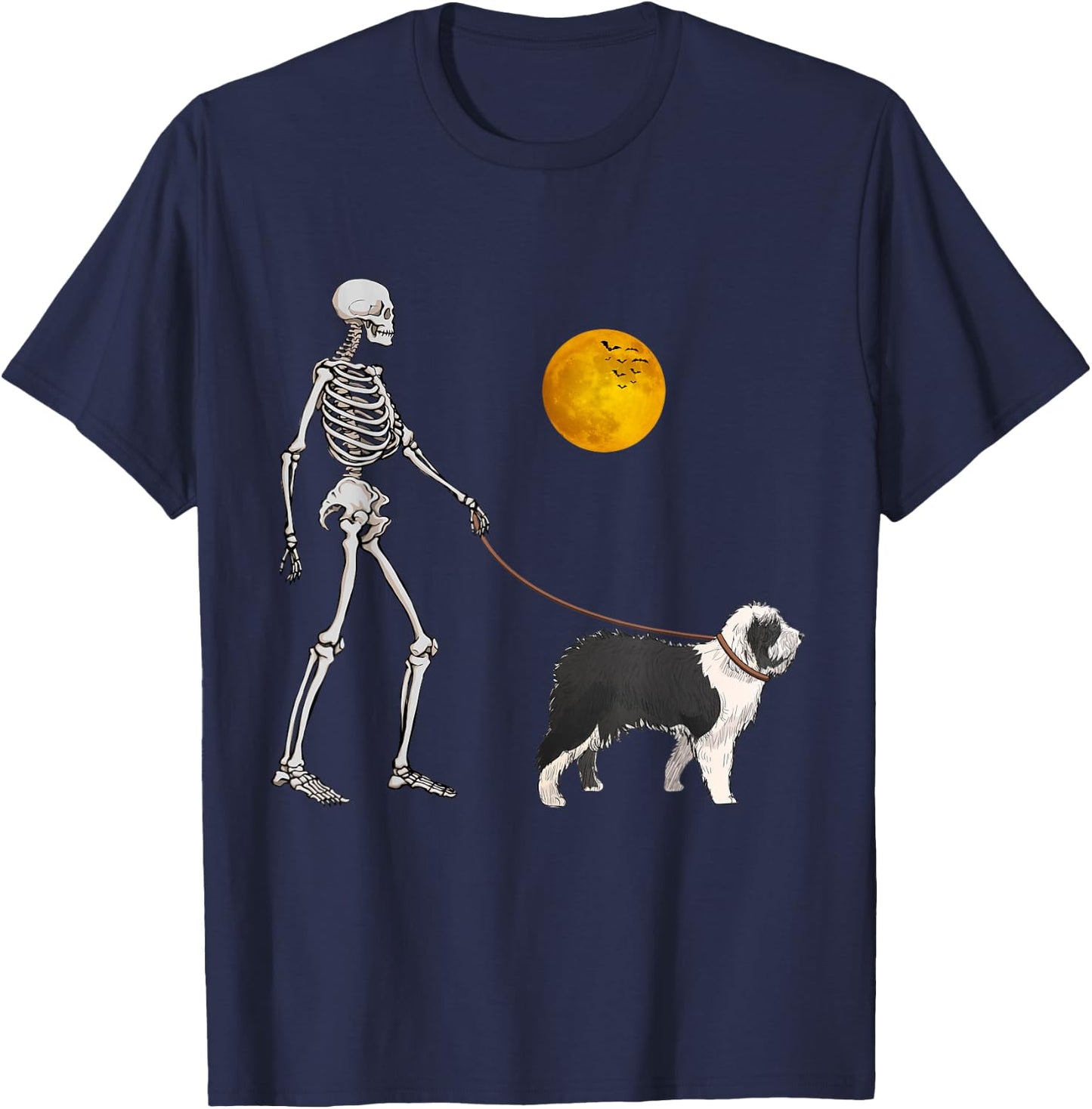 Old English Sheepdog Skeleton Dog Walking Halloween Costume T-Shirt - T-Shirt | Navy