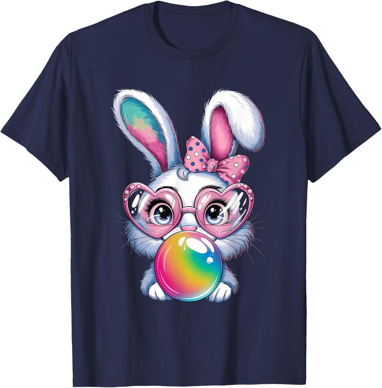 Bunny Easter Girls Coquette Bow Bubble Gum Rabbit Easter T-Shirt - T-Shirt | Navy