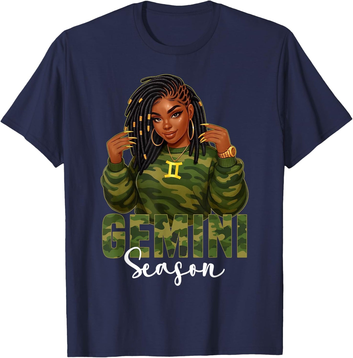 Gemini Season Loc'd Black Woman Camo Zodiac Sign T-Shirt - T-Shirt | Navy