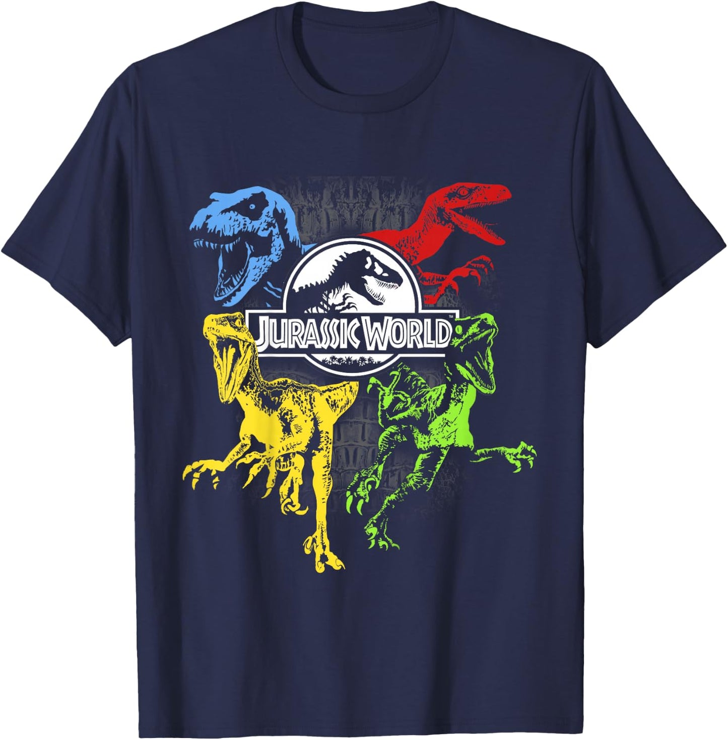 Kids Jurassic World Primary Color Raptors & T-Rex T-Shirt - T-Shirt | Navy