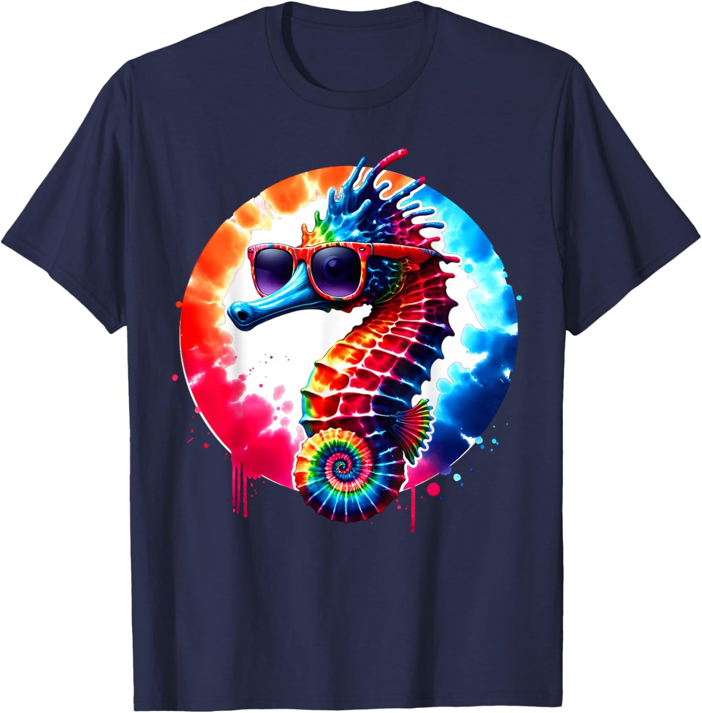 Cool Graphic Tie Dye Sunglasses Seahorse Illustration Art T-Shirt - T-Shirt | Navy