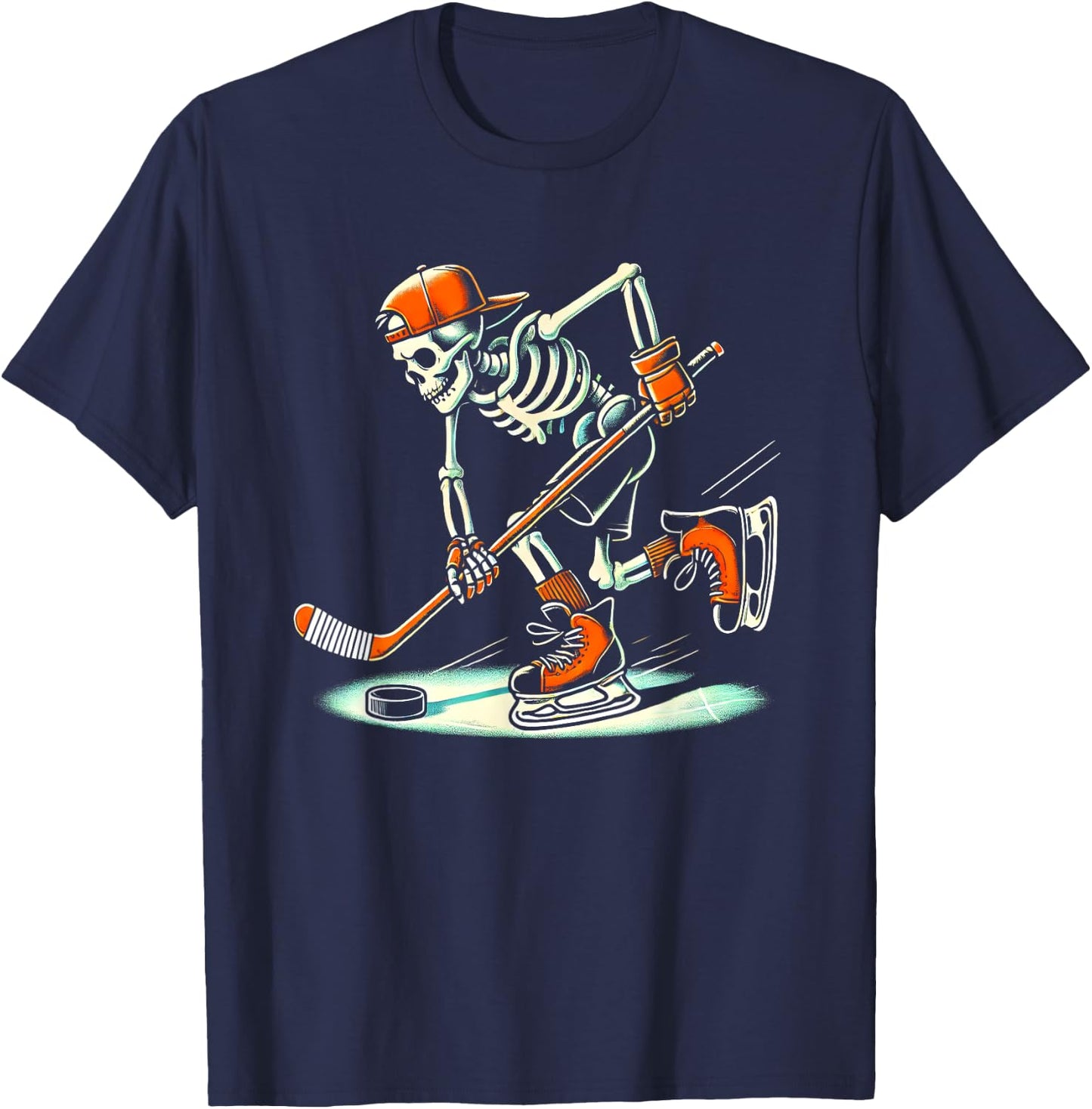 Funny Skeleton Hockey Halloween For Ice Hockey Lovers T-Shirt - T-Shirt | Navy