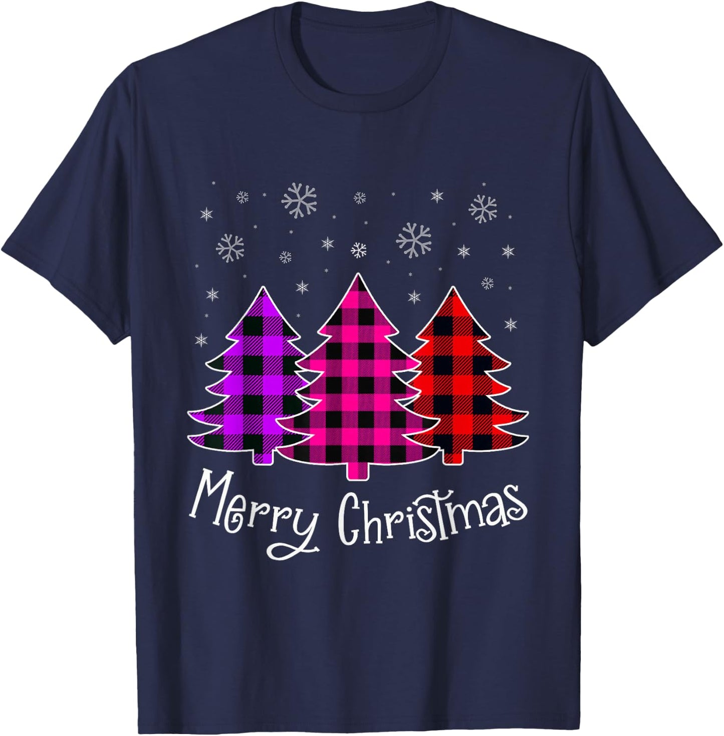 Merry Christmas Tree With Buffalo Pink Plaid Women Girl Teen T-Shirt - T-Shirt | Navy