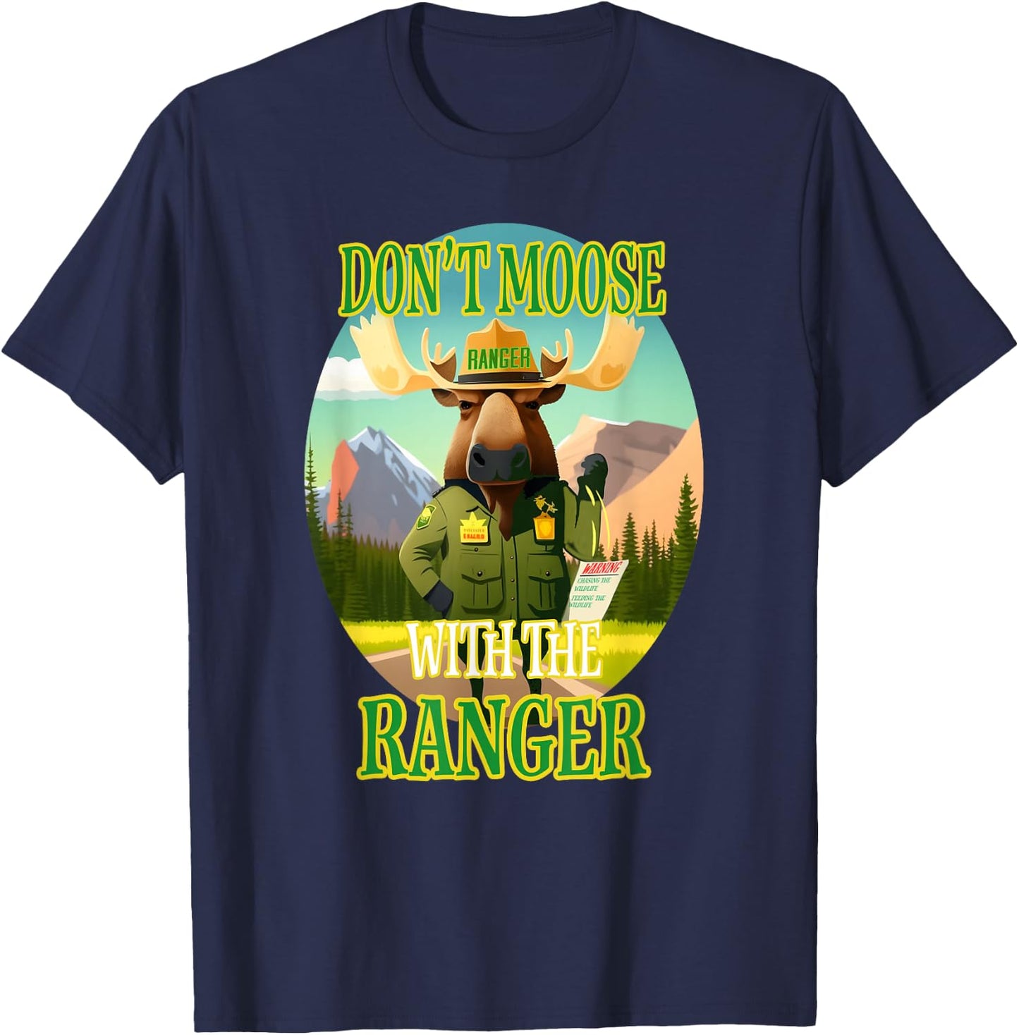 Manic Merchant Moose 'Don't Moose with the Ranger' -Adults Black Cotton/Polyester Classic Fit Short Sleeve T-Shirt - T-Shirt | Navy
