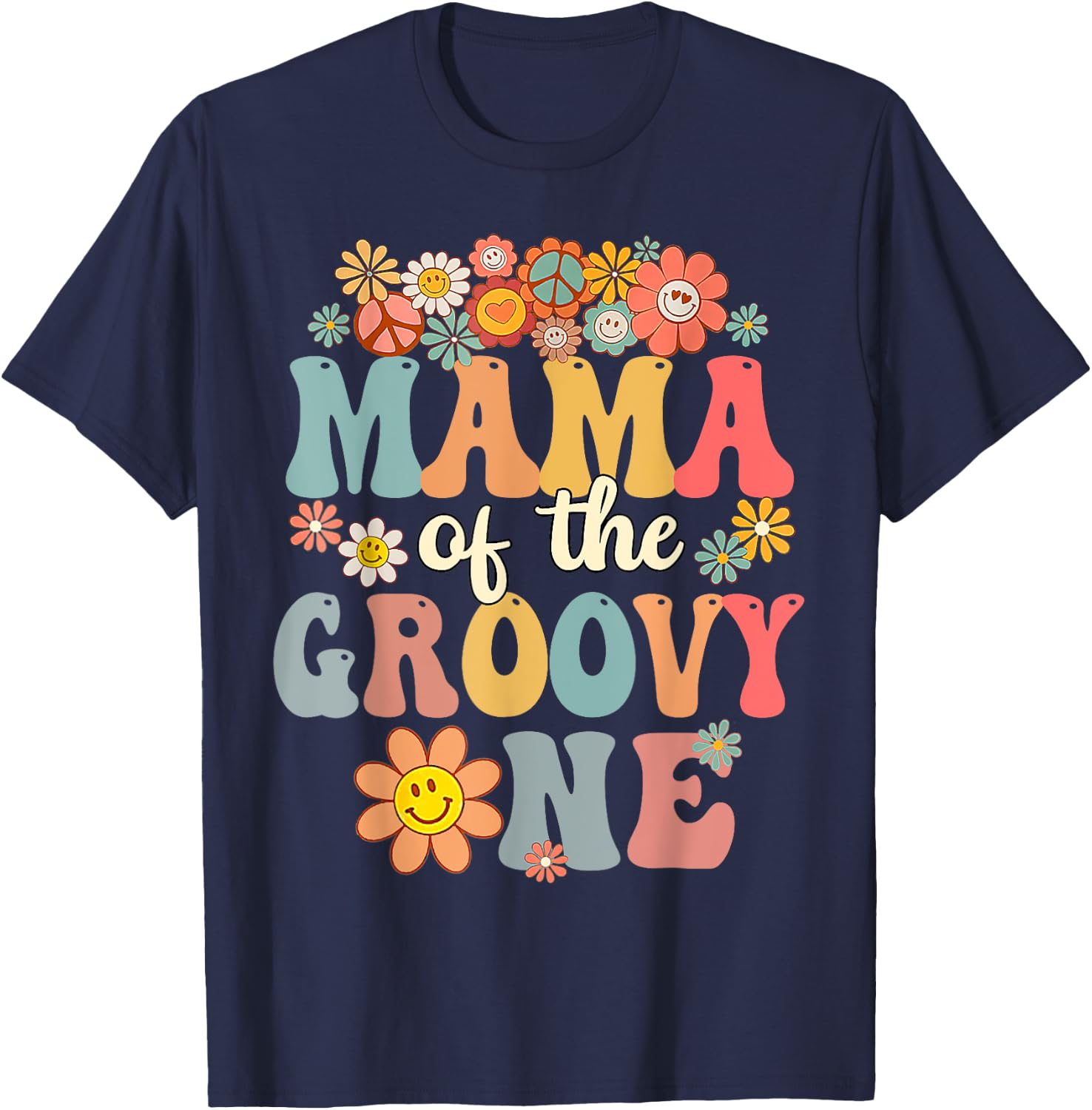 Retro Mama of Groovy One Matching Family 1st Birthday Party T-Shirt - T-Shirt | Navy