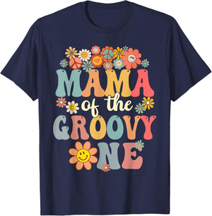 Retro Mama of Groovy One Matching Family 1st Birthday Party T-Shirt - T-Shirt | Navy