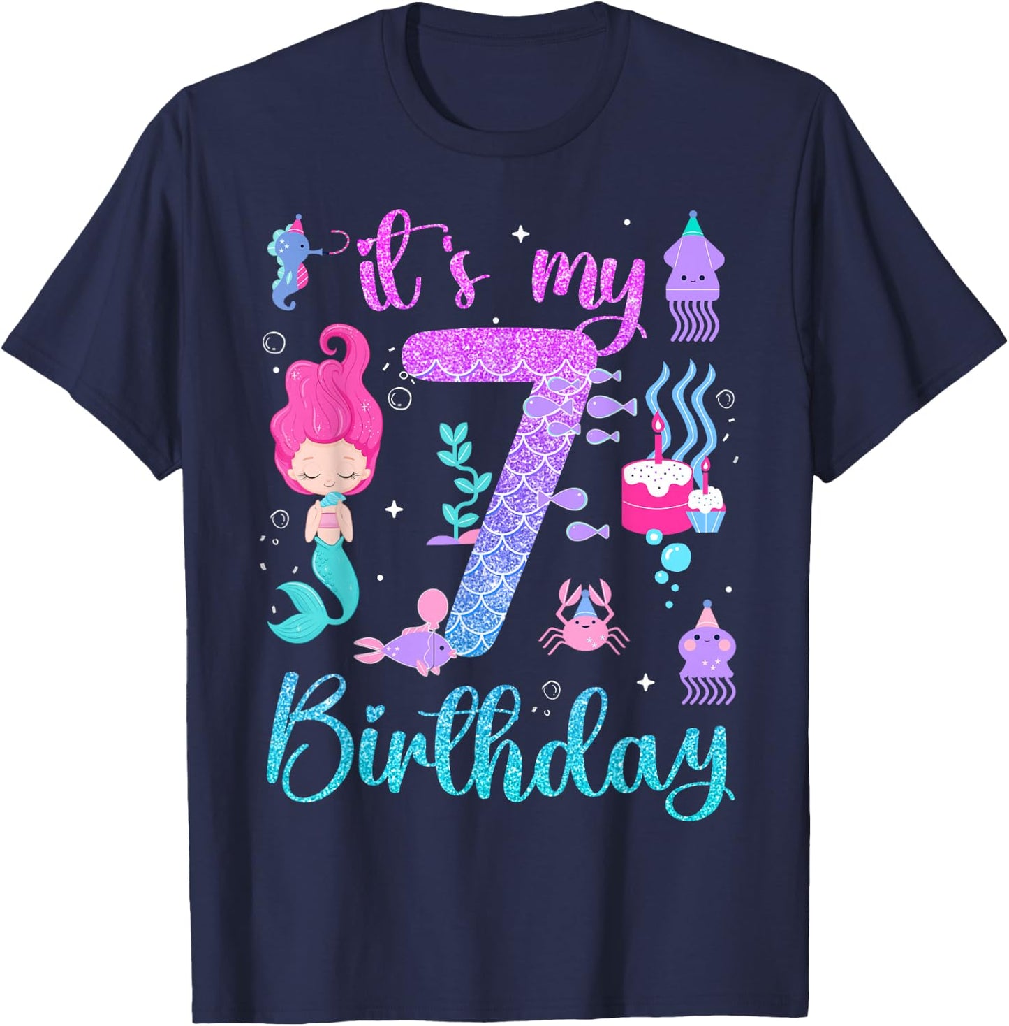 Mermaid Birthday Girls 7 Years Old Its My 7th Bday Mermaid T-Shirt - T-Shirt | Navy