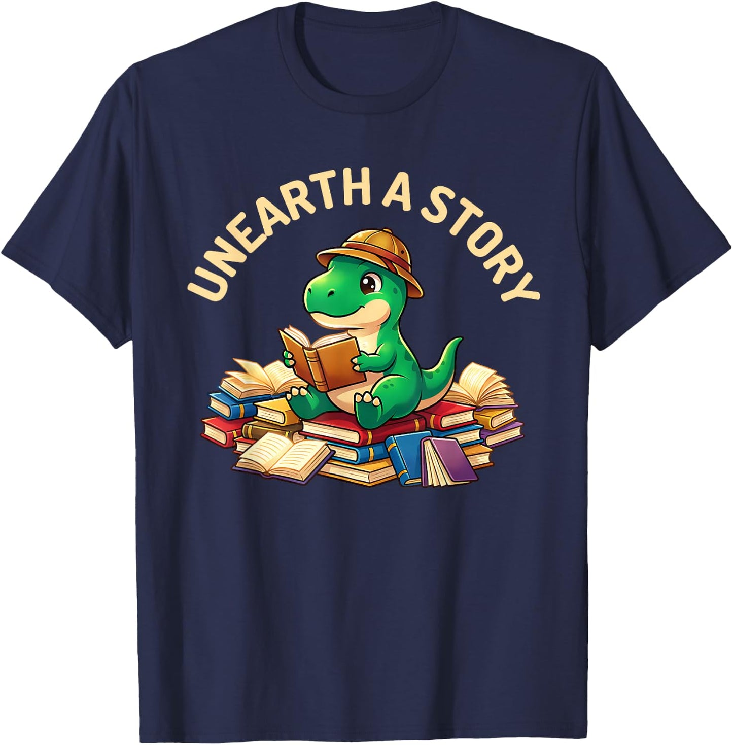 Unearth A Story Summer Reading 2026 Dinosaur Book Floral T-Shirt - T-Shirt | Navy