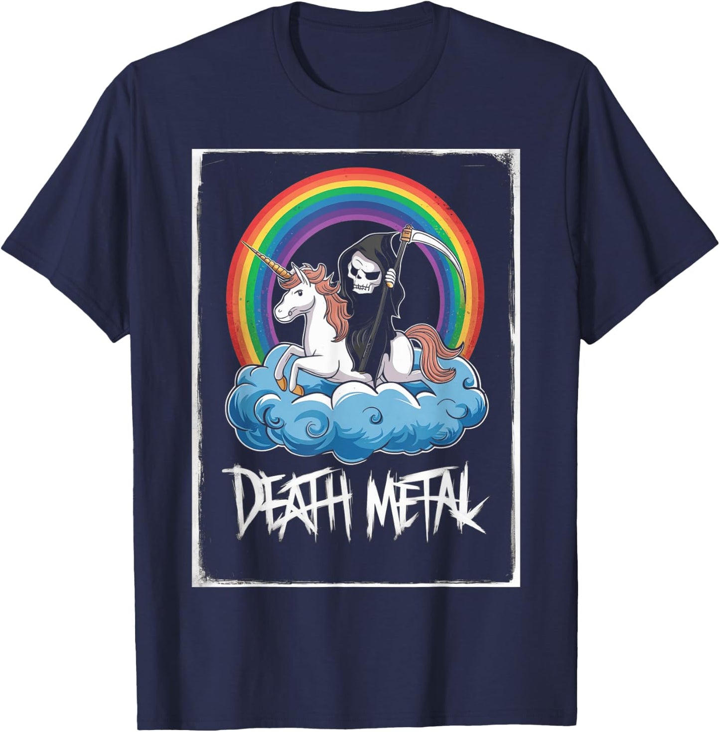 Grim Reaper Rides Unicorn Under Rainbow Death Metal Rocker T-Shirt - T-Shirt | Navy