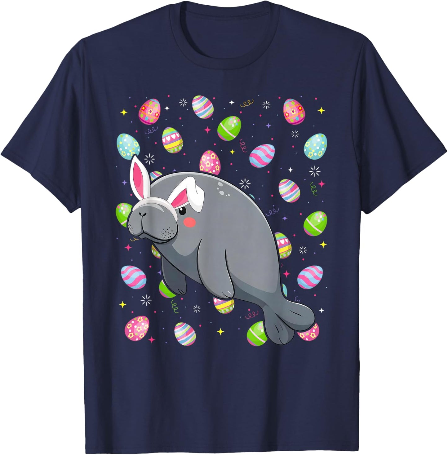 Manatee Happy Easter Egg Hunt Bunny Ear Manatee Easter T-Shirt - T-Shirt | Navy