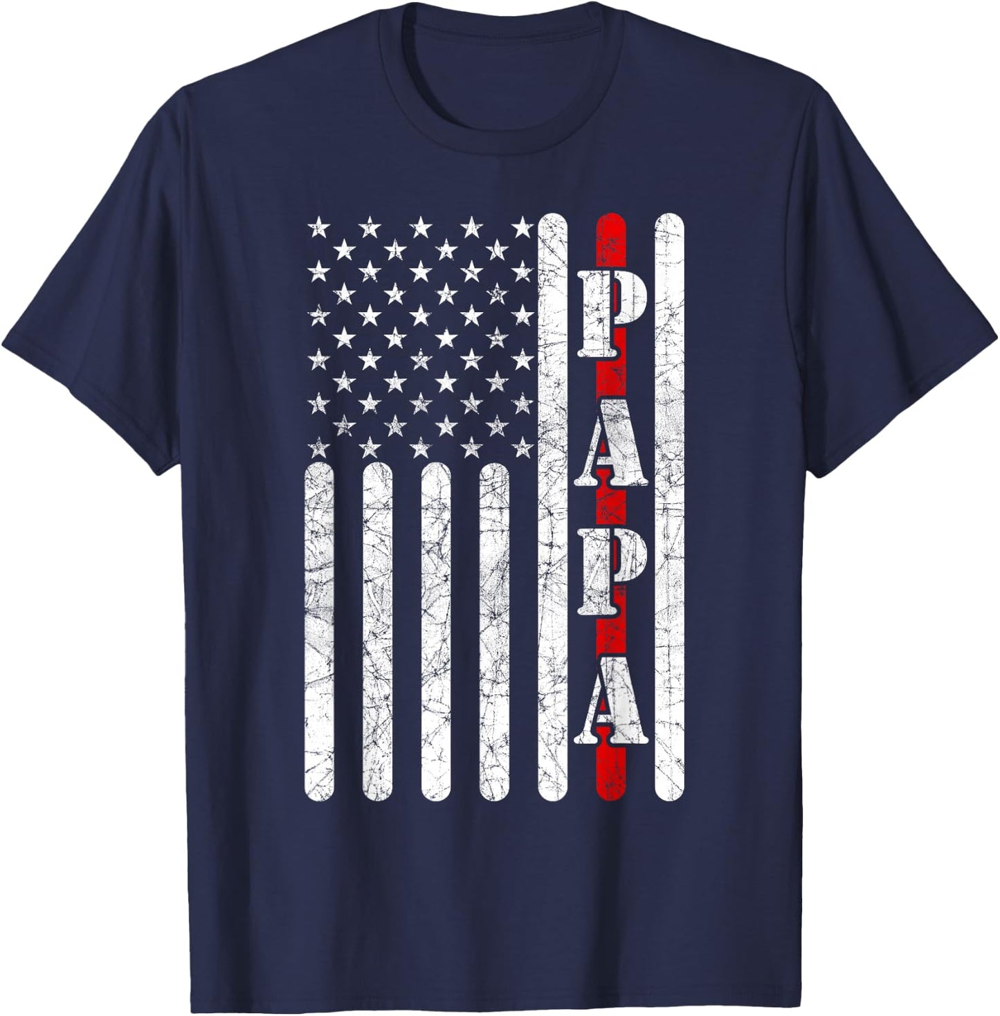 Proud Papa Fathers Day 2021 Red Line Flag Firefighter Funny T-Shirt - T-Shirt | Navy