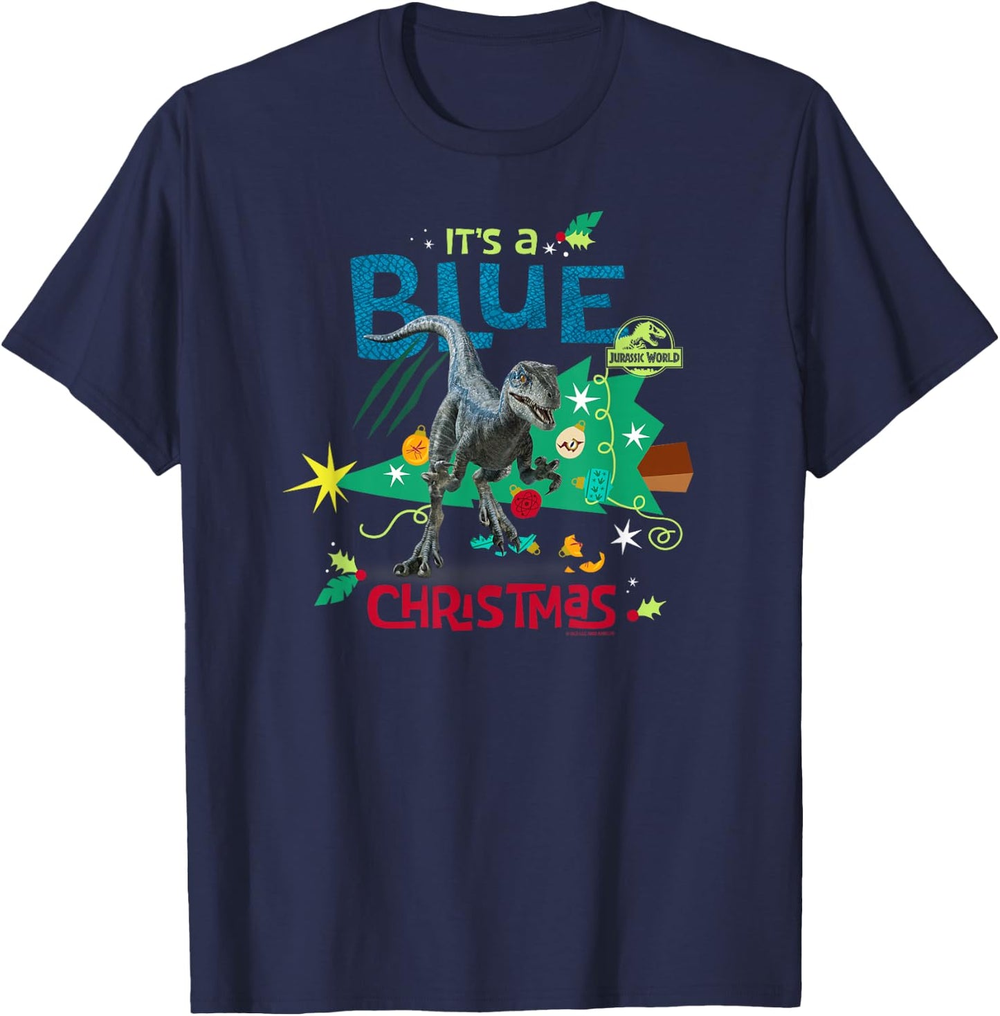 Jurassic World Blue Christmas With Blue The Raptor T-Shirt - T-Shirt | Navy